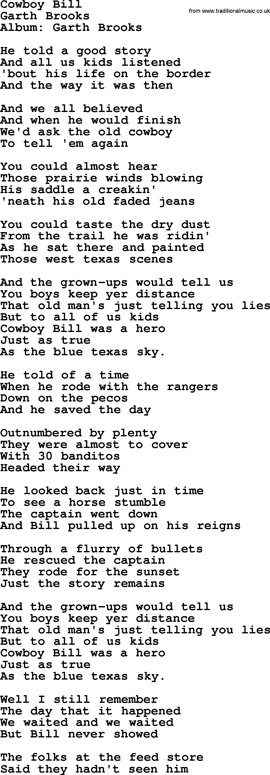 Garth Brooks song: Cowboy Bill, lyrics