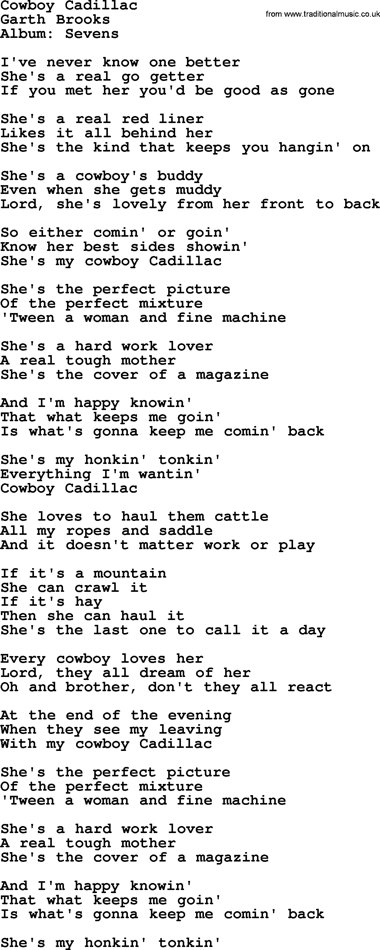 Garth Brooks song: Cowboy Cadillac, lyrics