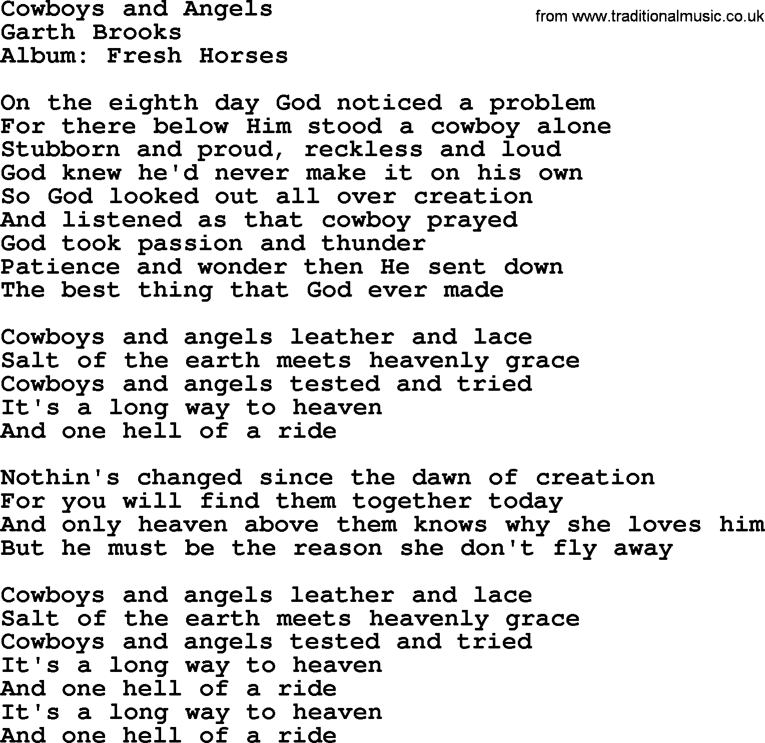 Garth Brooks song: Cowboys And Angels, lyrics