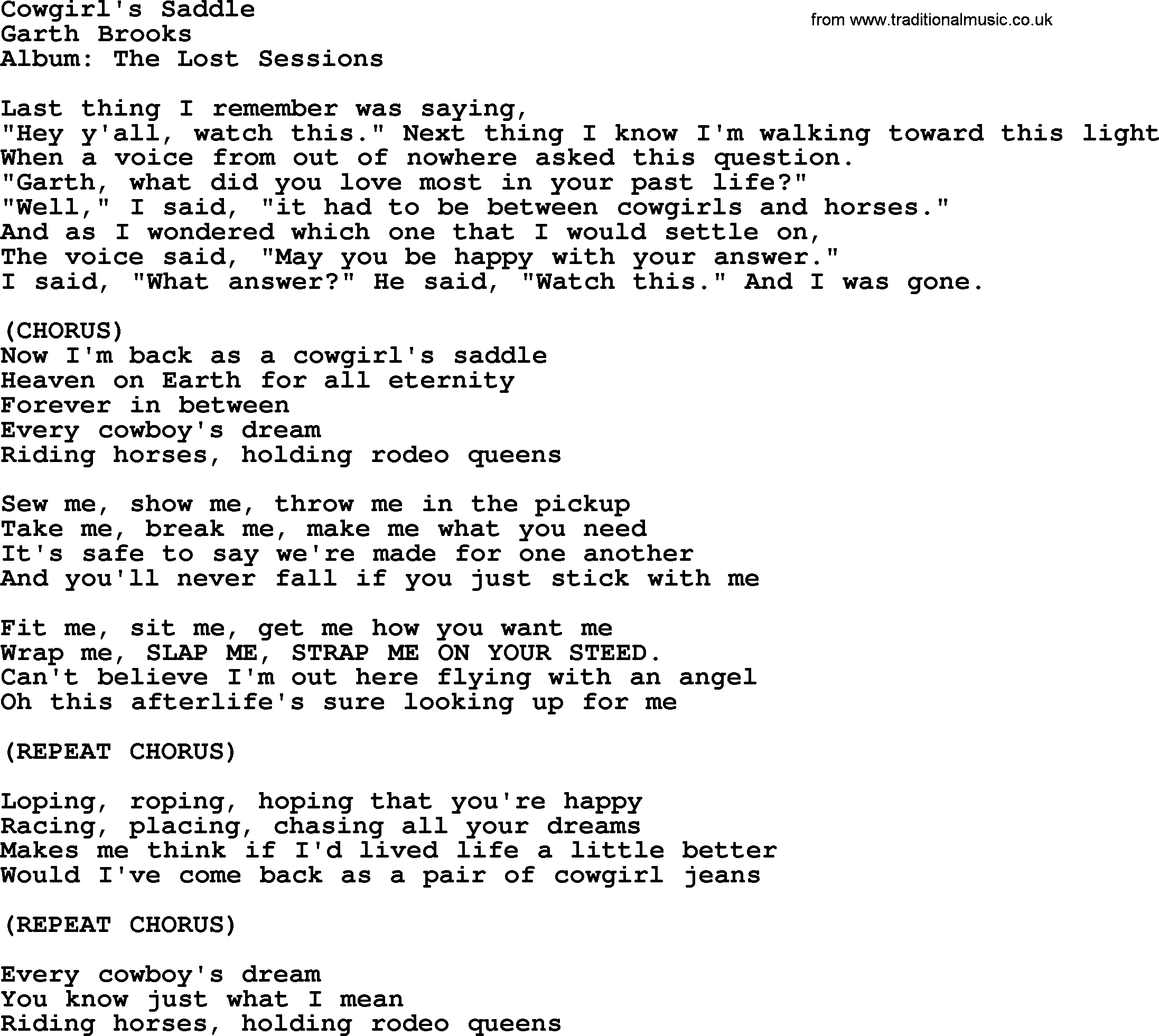 Garth Brooks song: Cowgirl's Saddle, lyrics