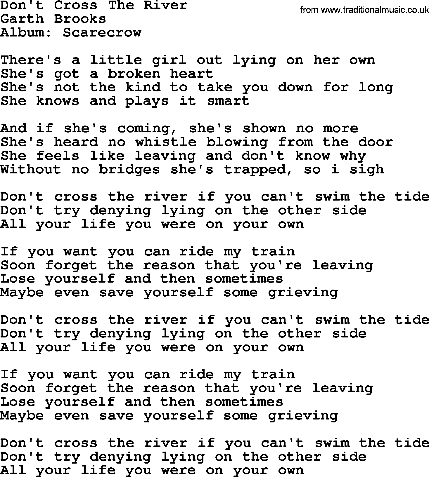 Garth Brooks song: Don't Cross The River, lyrics