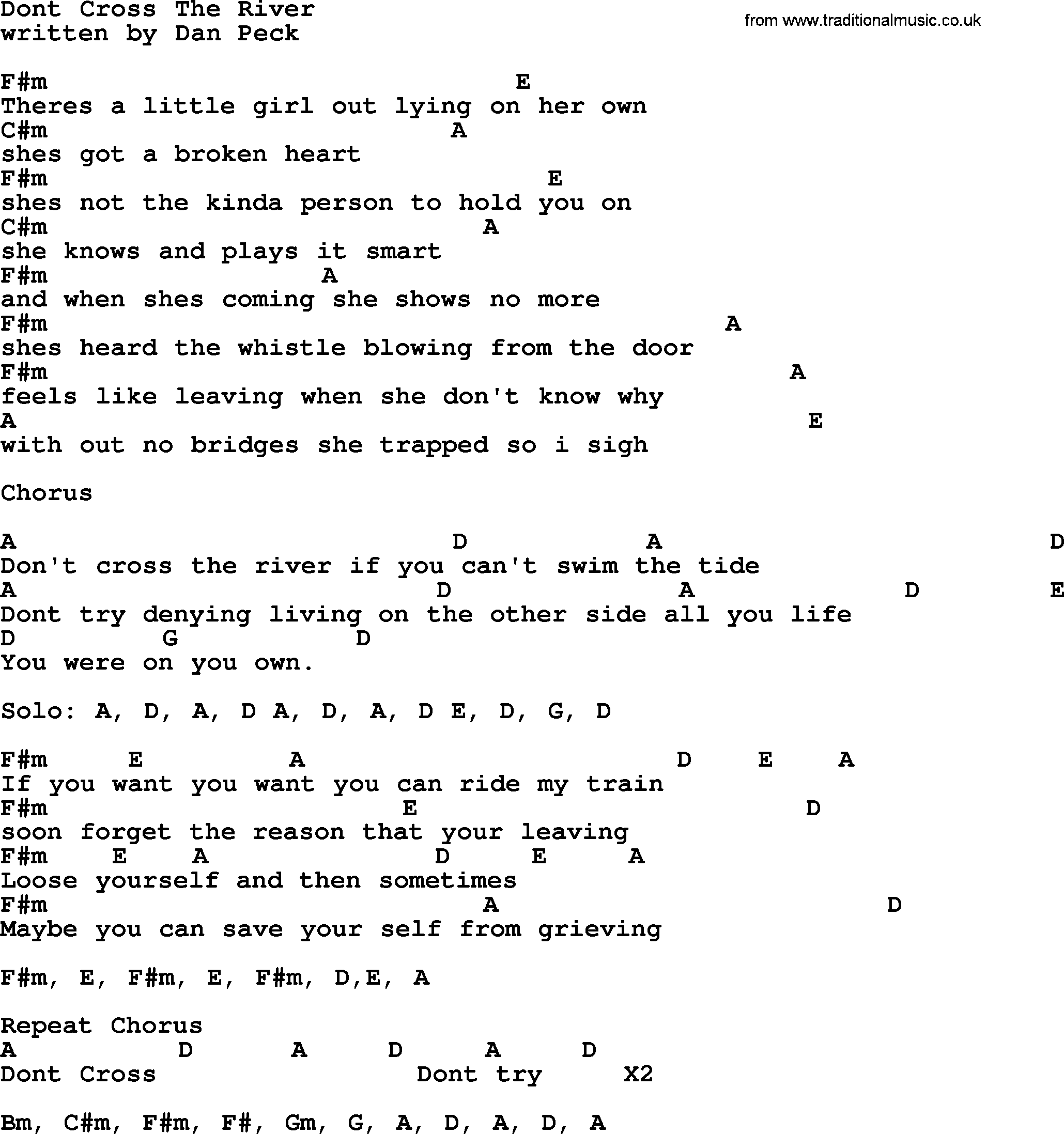 Garth Brooks song: Dont Cross The River, lyrics and chords