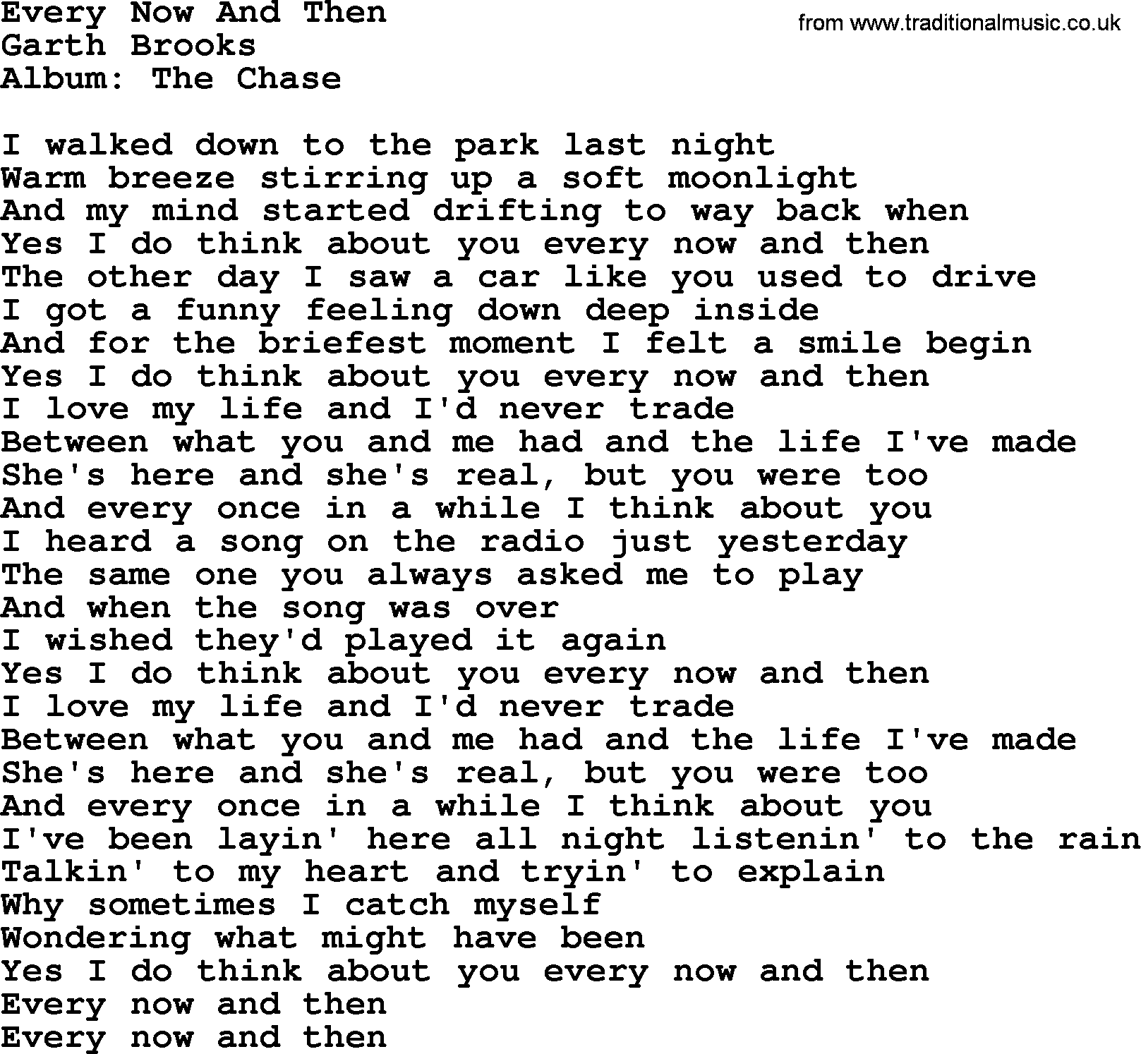 Garth Brooks song: Every Now And Then, lyrics