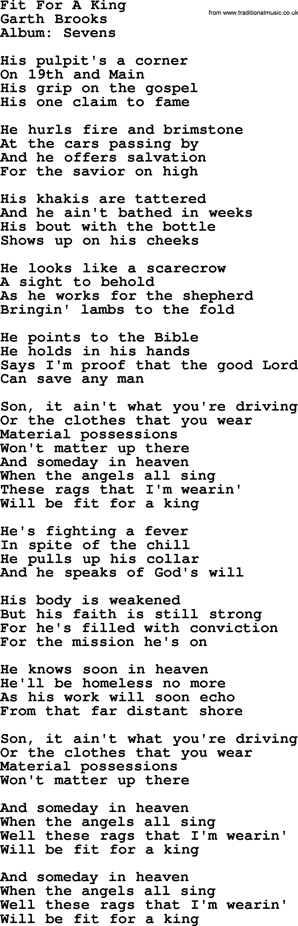 Garth Brooks song: Fit For A King, lyrics