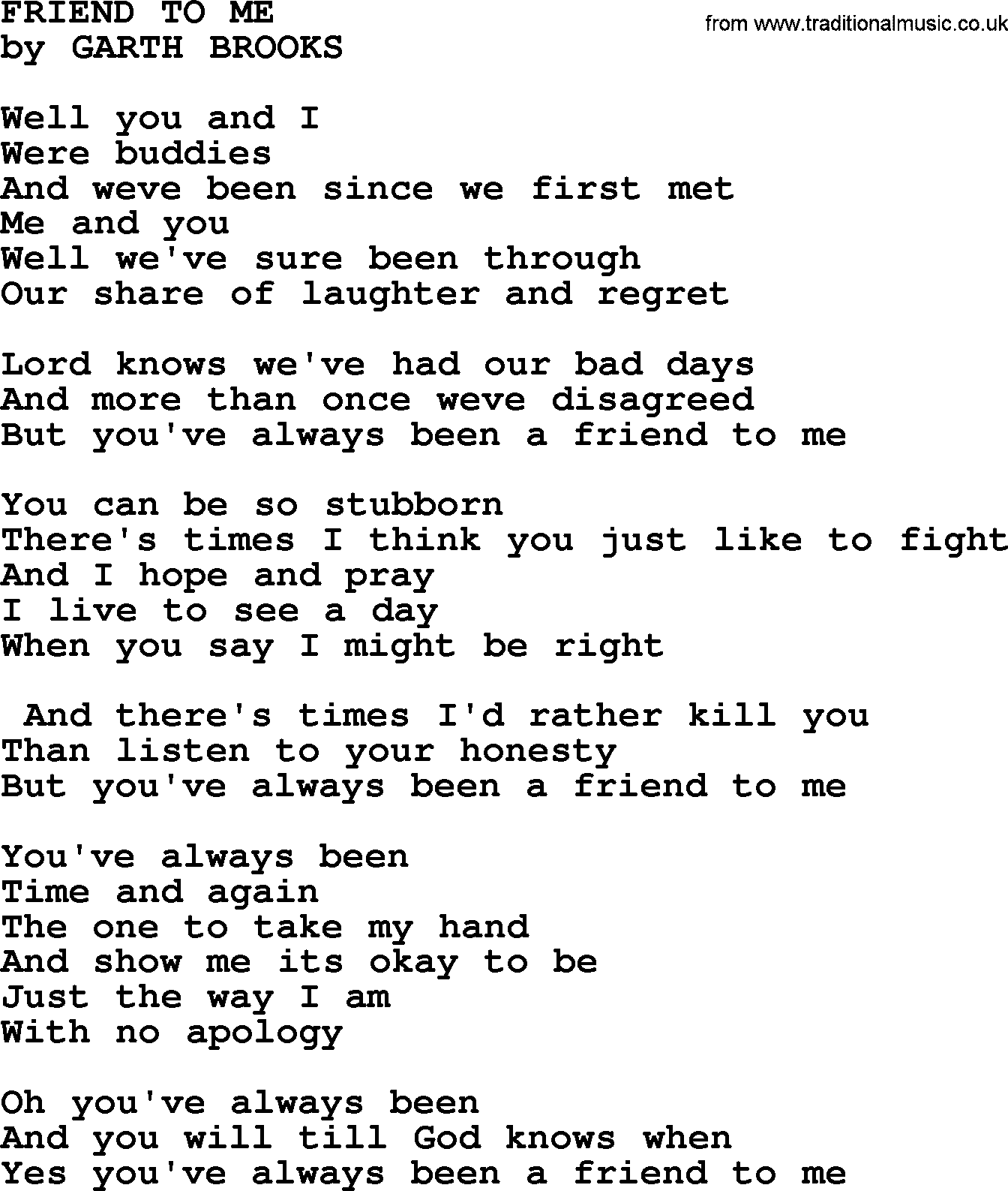 Garth Brooks song: Friend To Me, lyrics