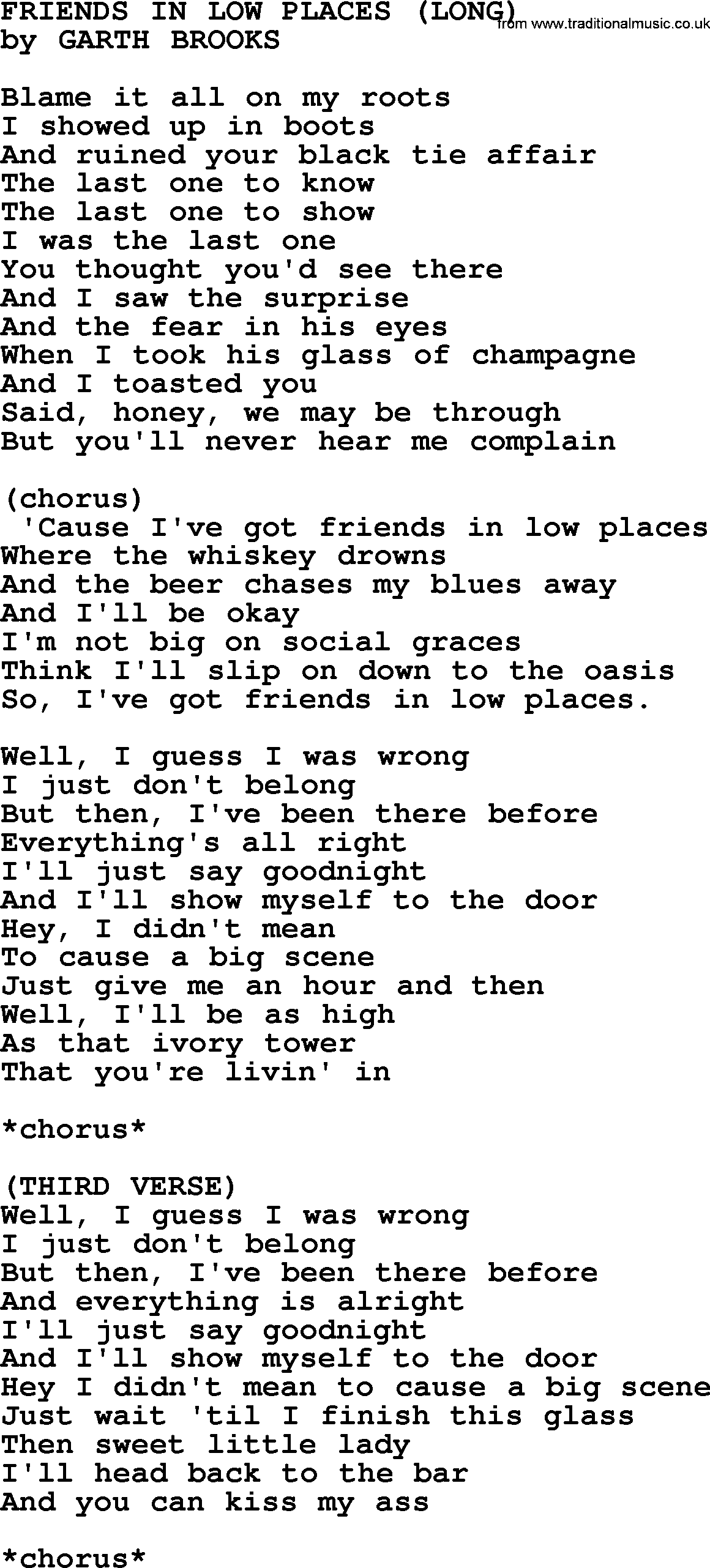 Garth Brooks song: Friends In Low Places (long), lyrics
