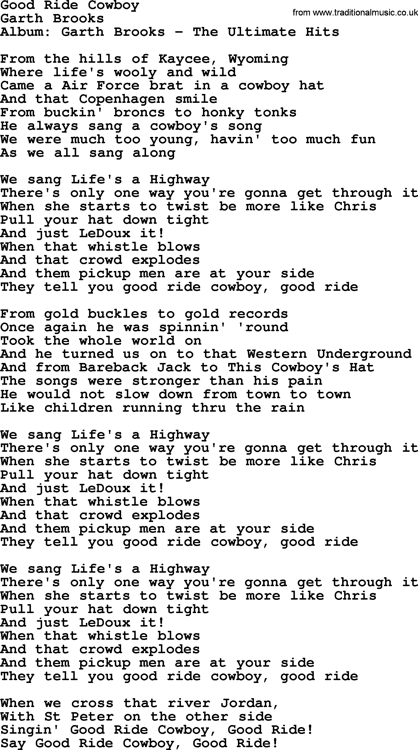 Garth Brooks song: Good Ride Cowboy, lyrics