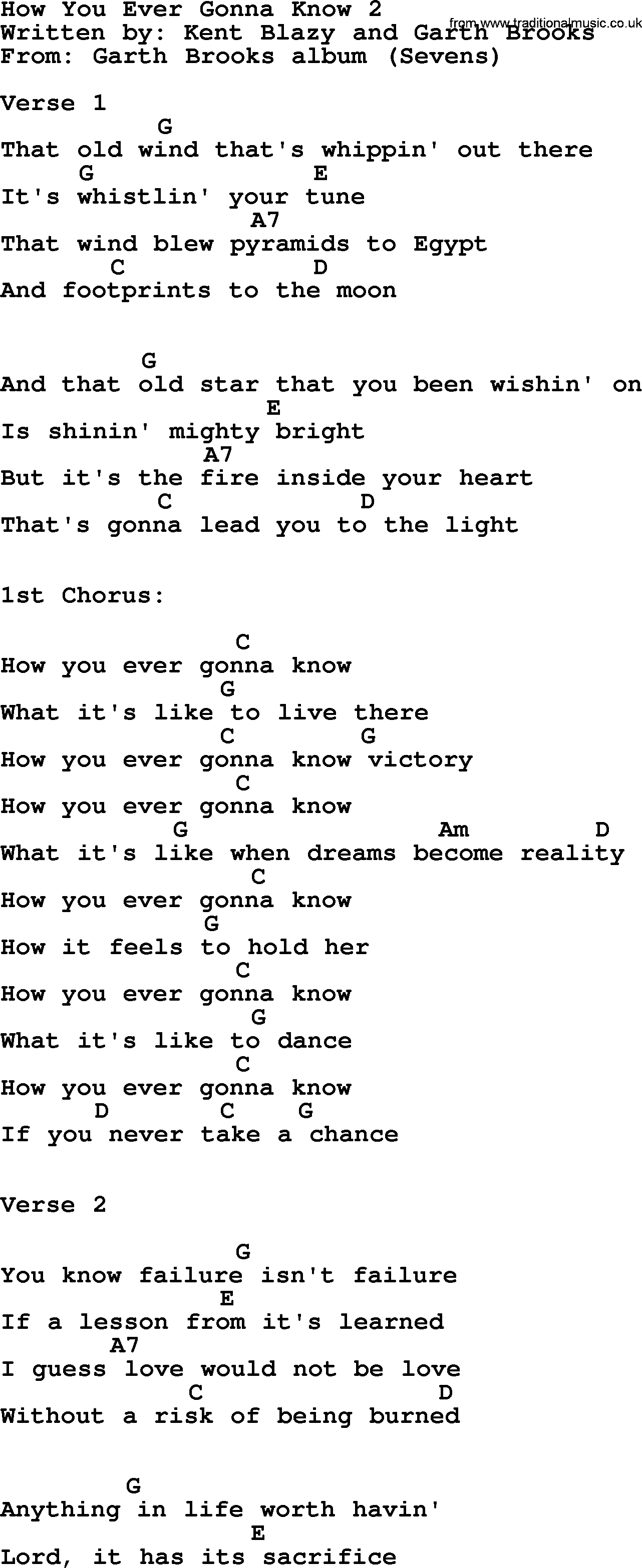 Garth Brooks song: How You Ever Gonna Know 2, lyrics and chords