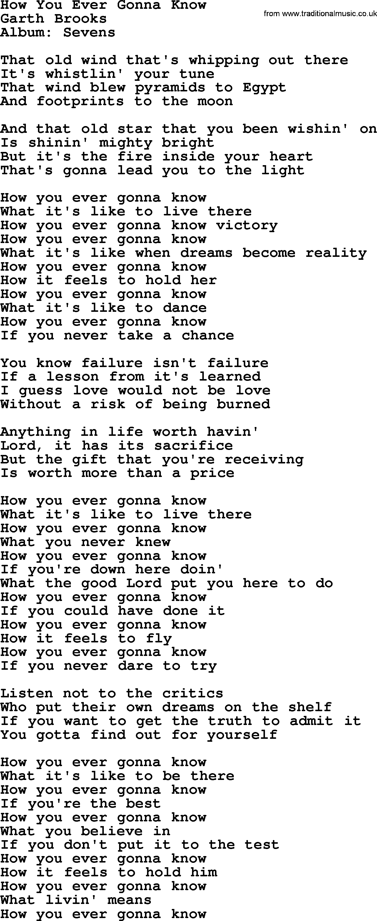 Garth Brooks song: How You Ever Gonna Know, lyrics