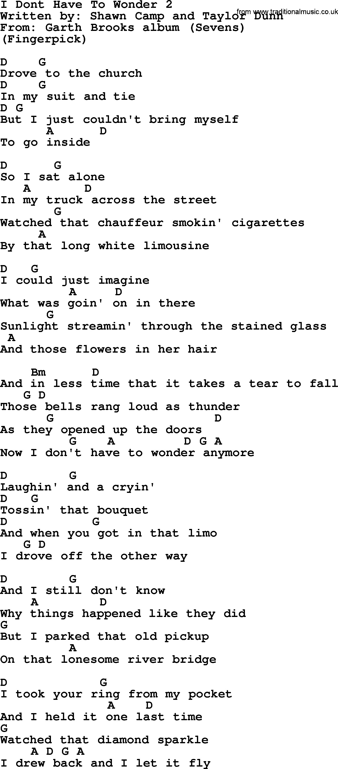 Garth Brooks song: I Dont Have To Wonder 2, lyrics and chords