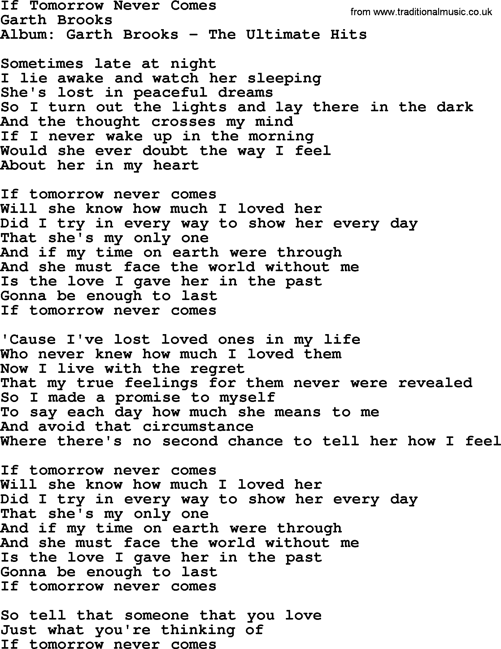 Garth Brooks song: If Tomorrow Never Comes, lyrics