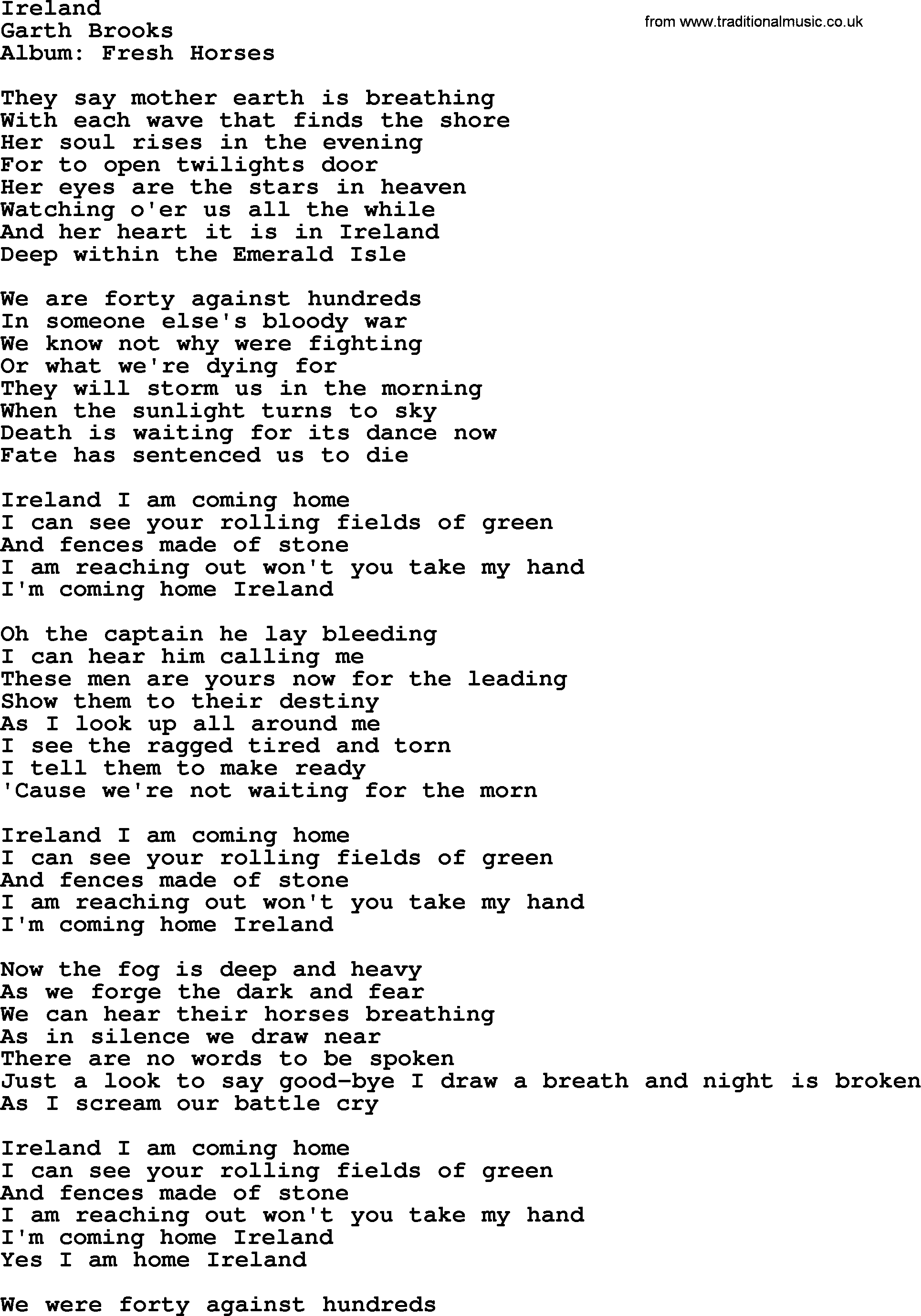 Garth Brooks song: Ireland, lyrics