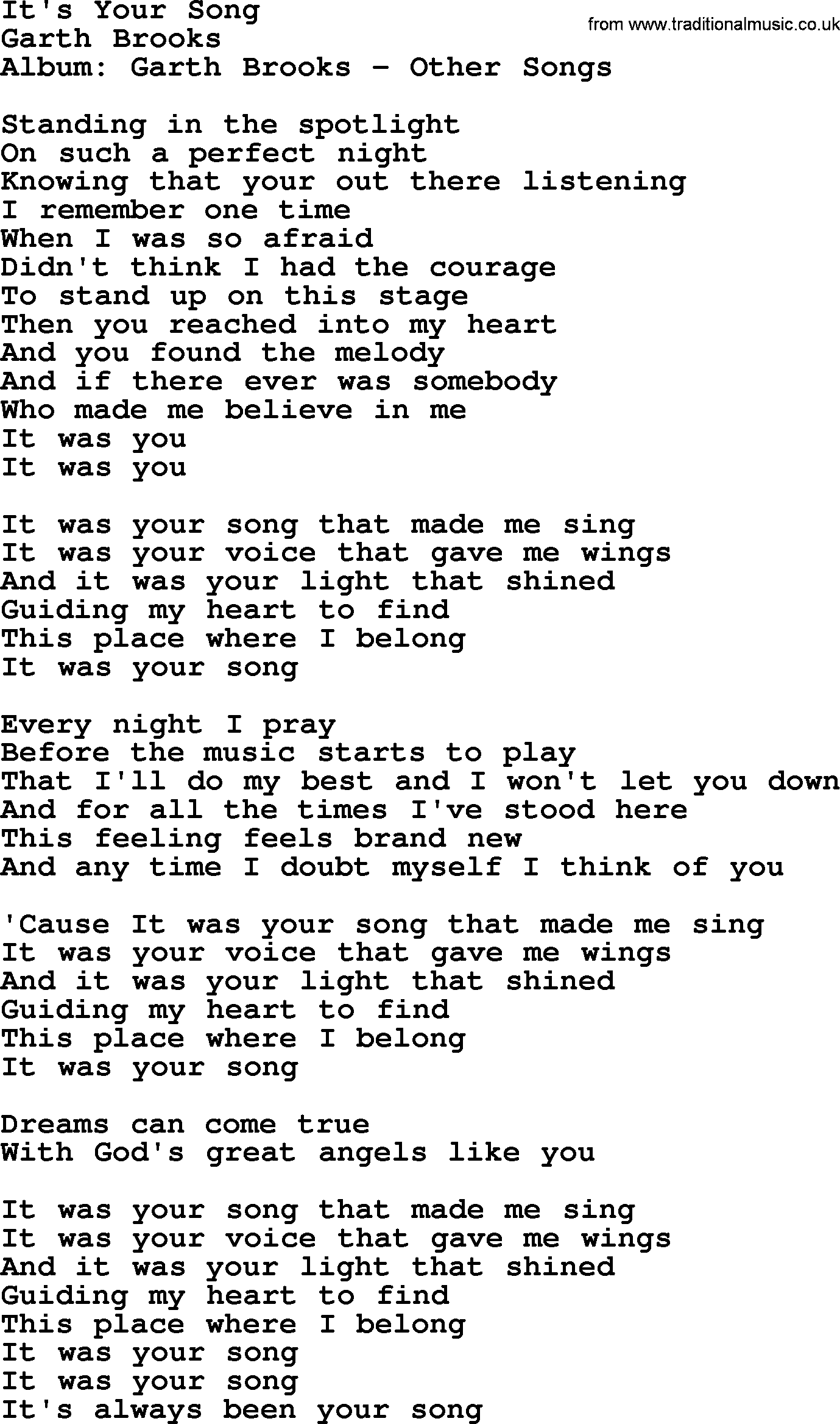 Garth Brooks song: It's Your Song, lyrics