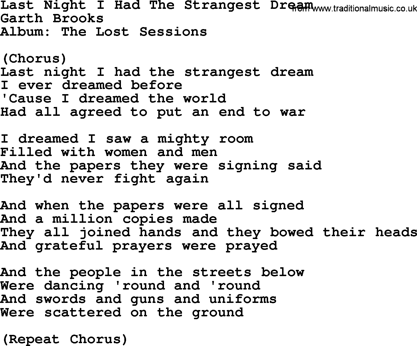 Garth Brooks song: Last Night I Had The Strangest Dream, lyrics
