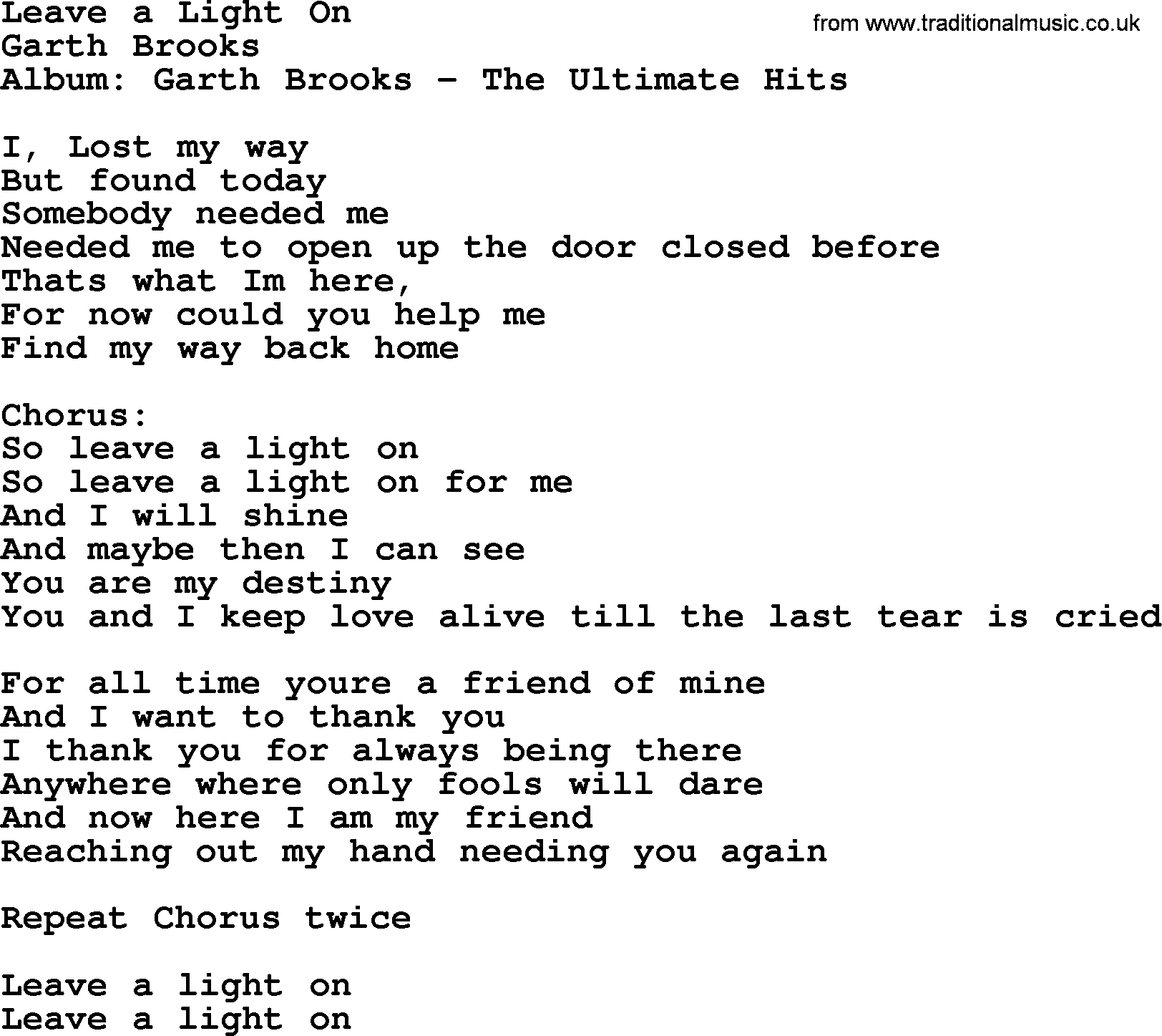 Garth Brooks song: Leave A Light On, lyrics