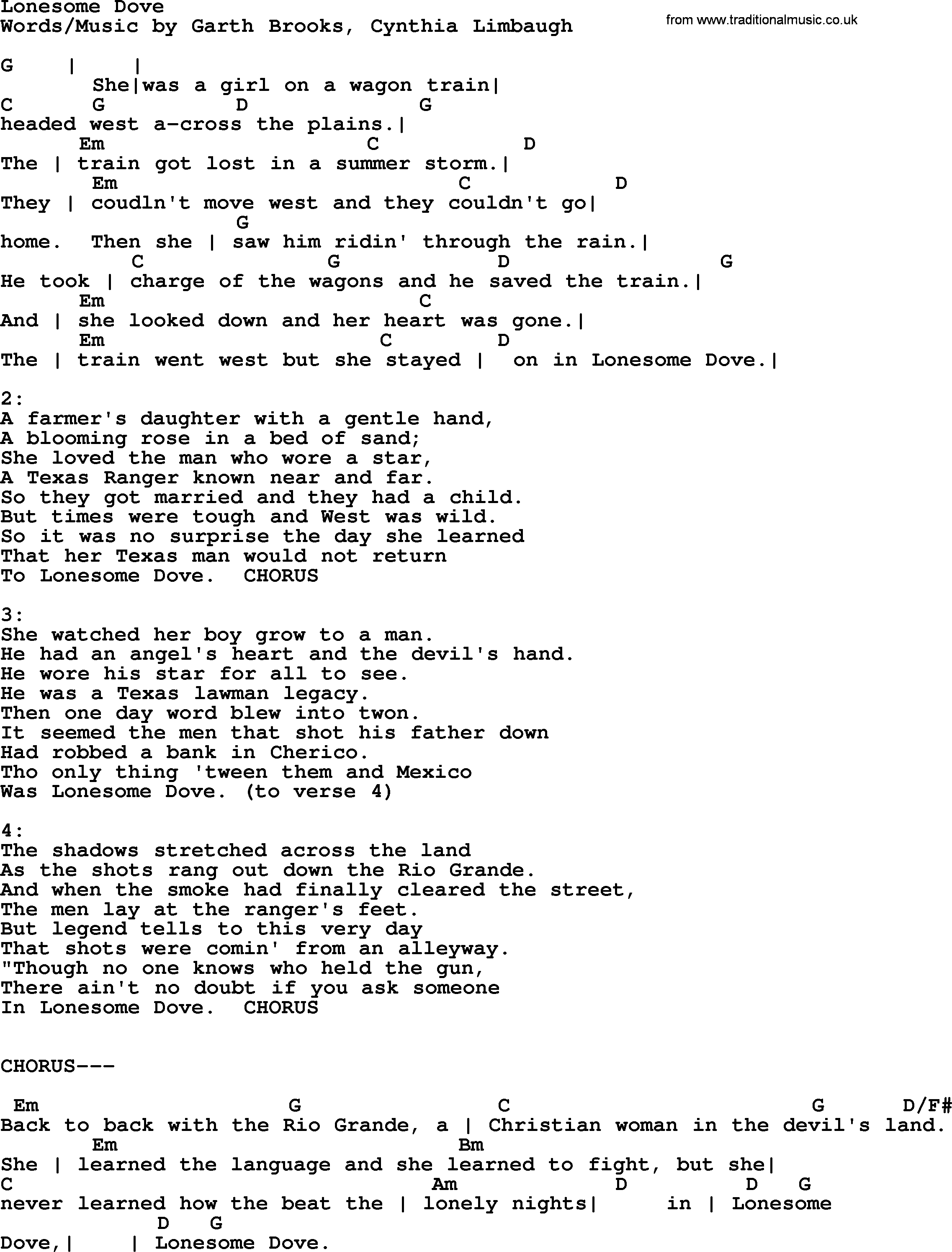 Garth Brooks song: Lonesome Dove, lyrics and chords