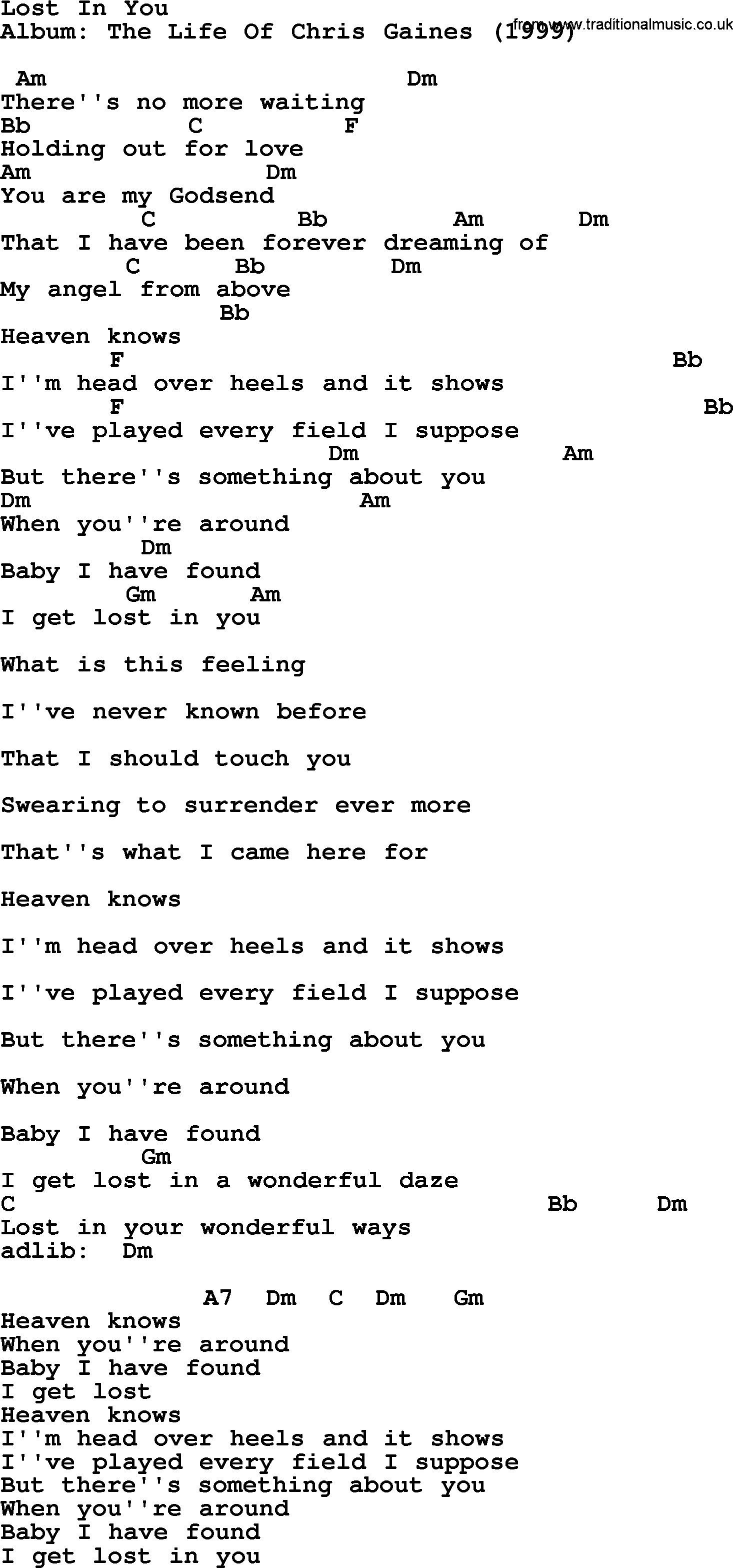 Garth Brooks song: Lost In You, lyrics and chords