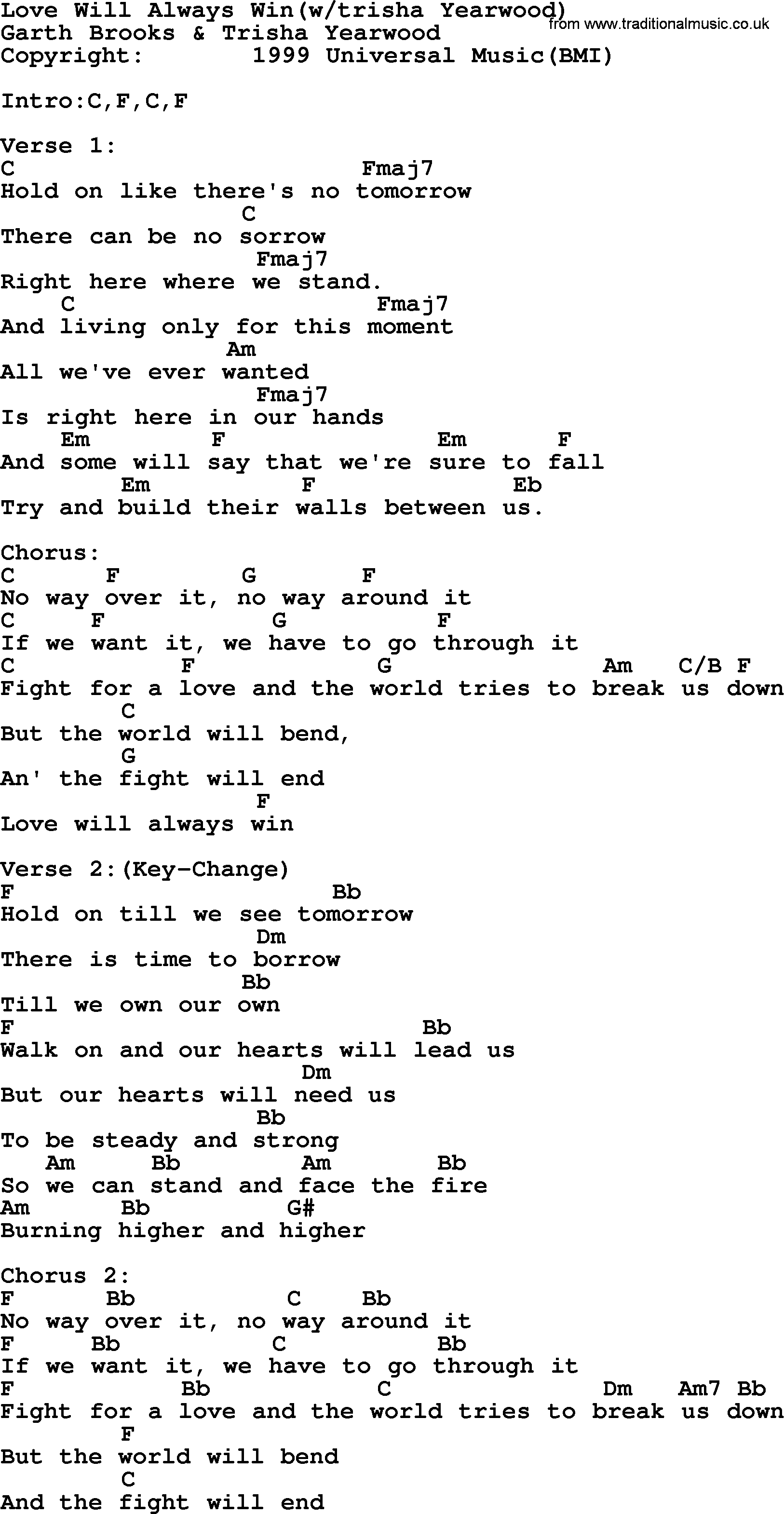 Garth Brooks song: Love Will Always Win(w_trisha Yearwood), lyrics and chords