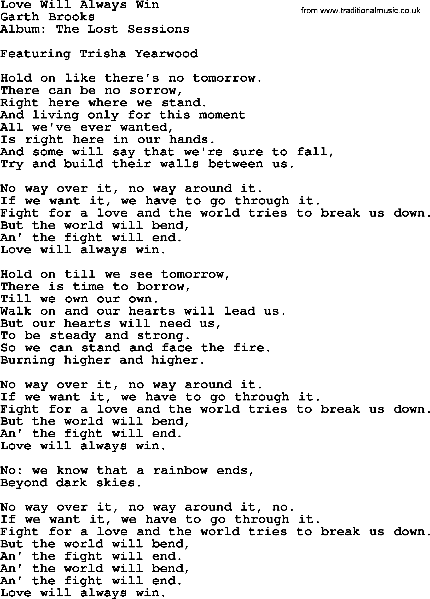 Garth Brooks song: Love Will Always Win, lyrics