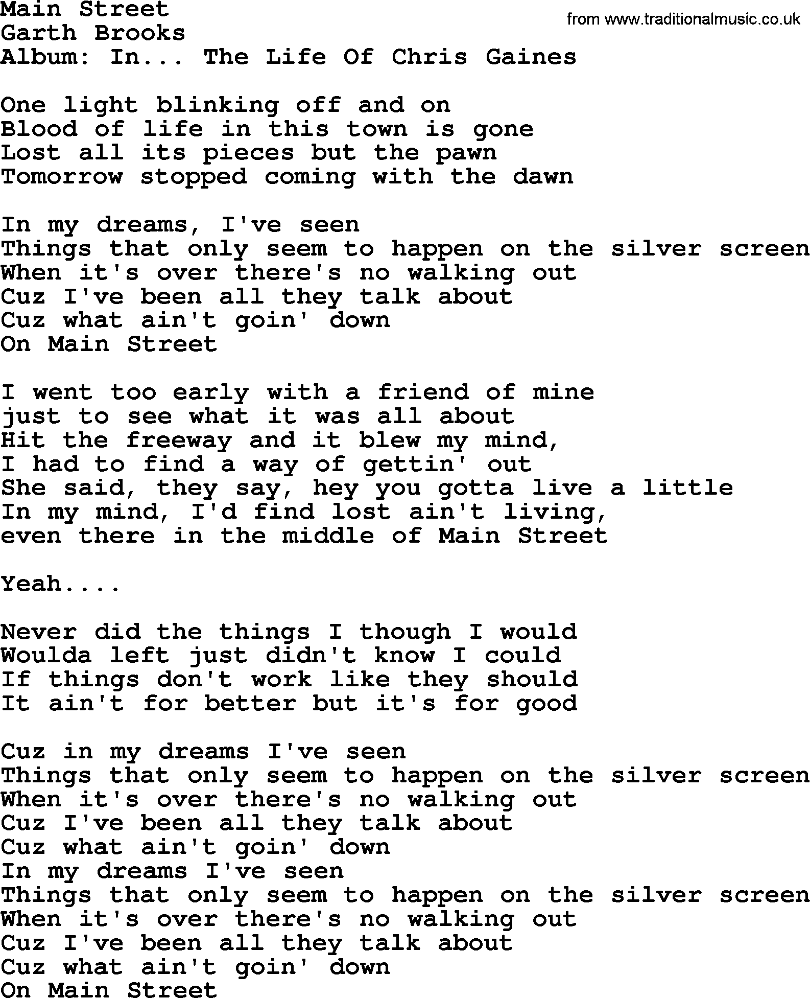 Garth Brooks song: Main Street, lyrics
