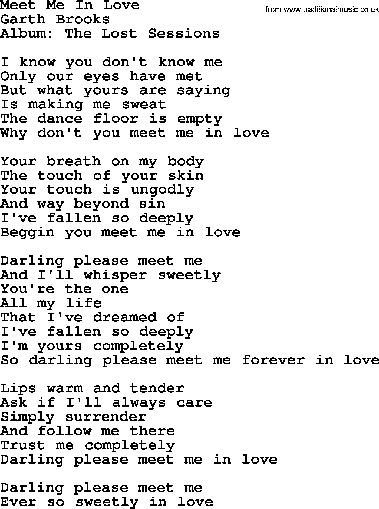 Garth Brooks song: Meet Me In Love, lyrics