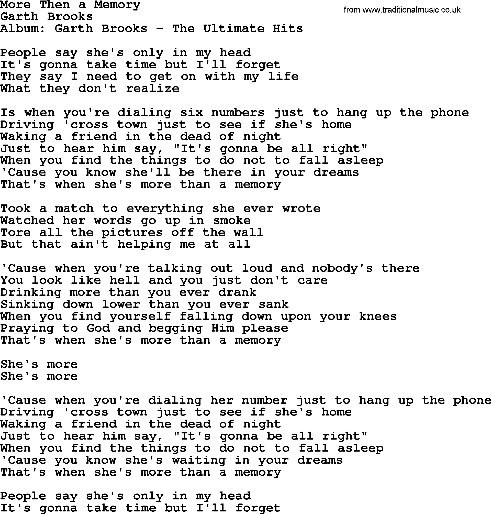Garth Brooks song: More Than A Memory, lyrics