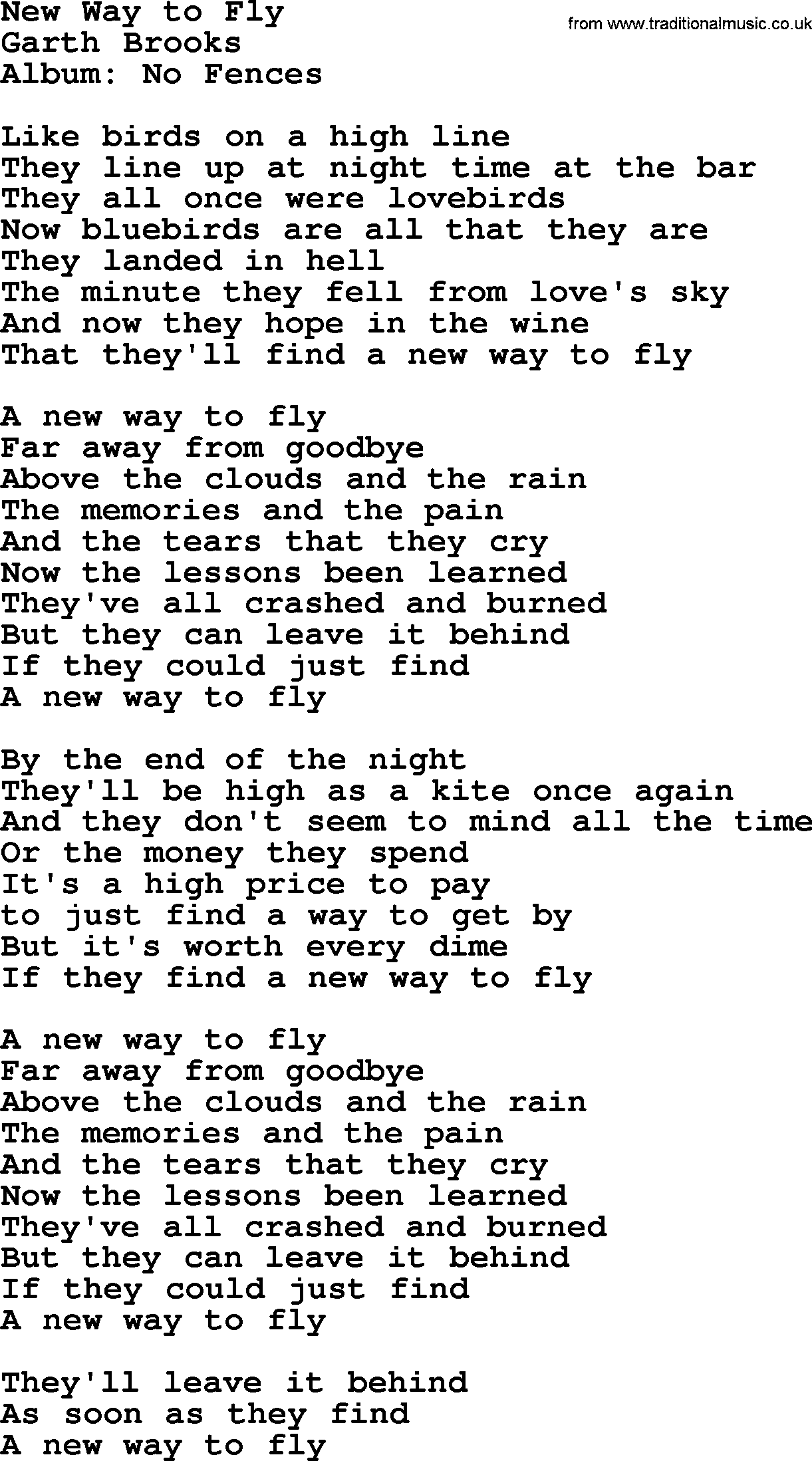 Garth Brooks song: New Way To Fly, lyrics