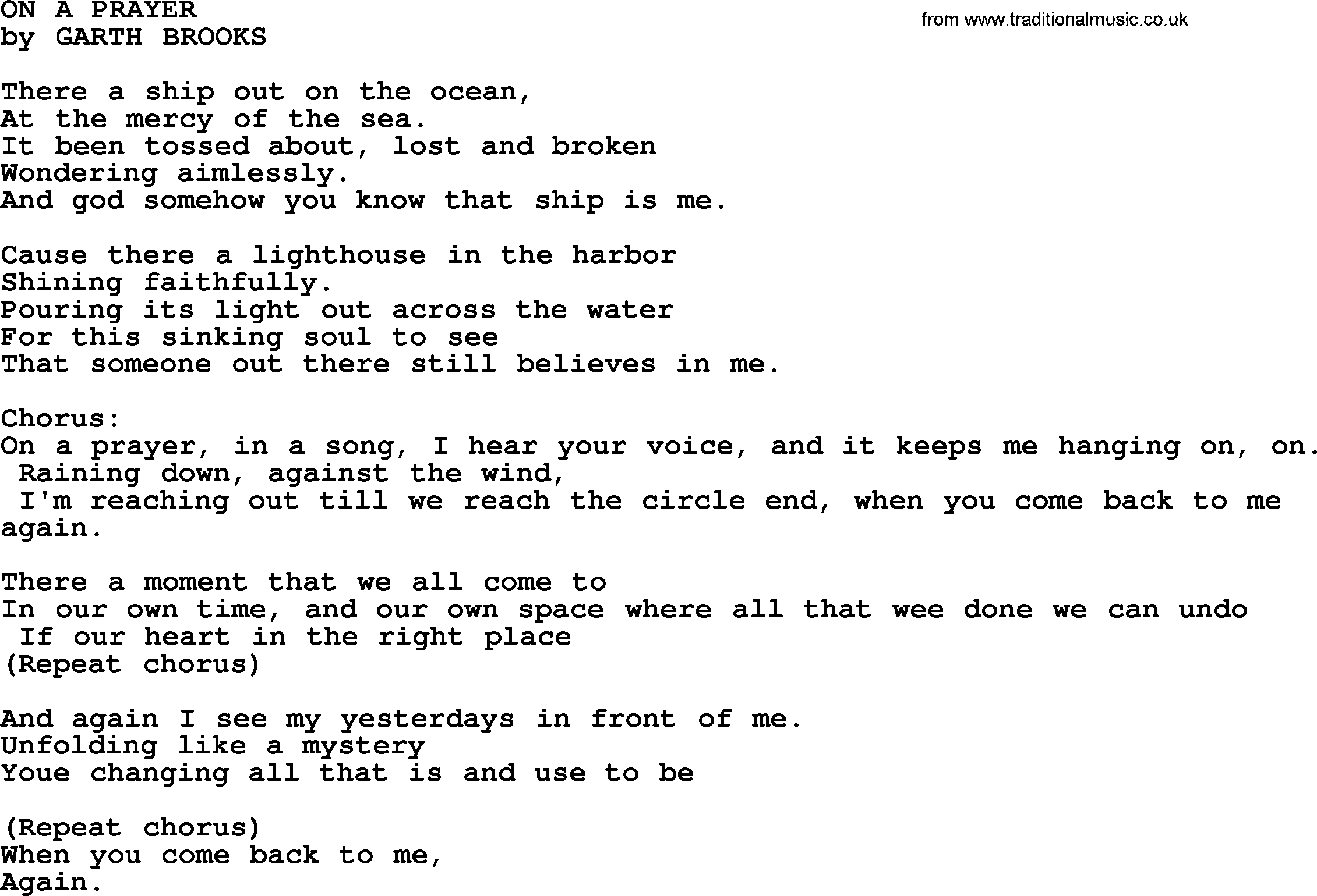 Garth Brooks song: On A Prayer, lyrics