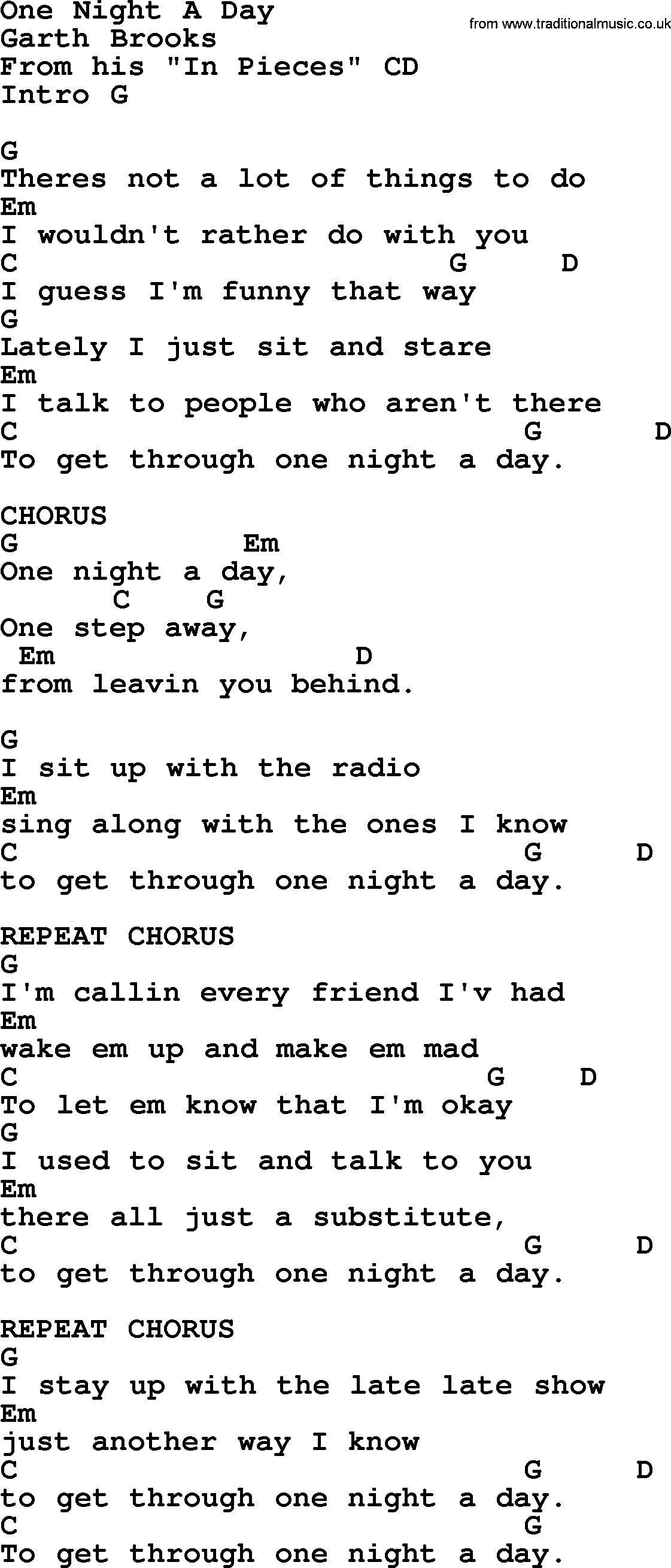 Garth Brooks song: One Night A Day, lyrics and chords