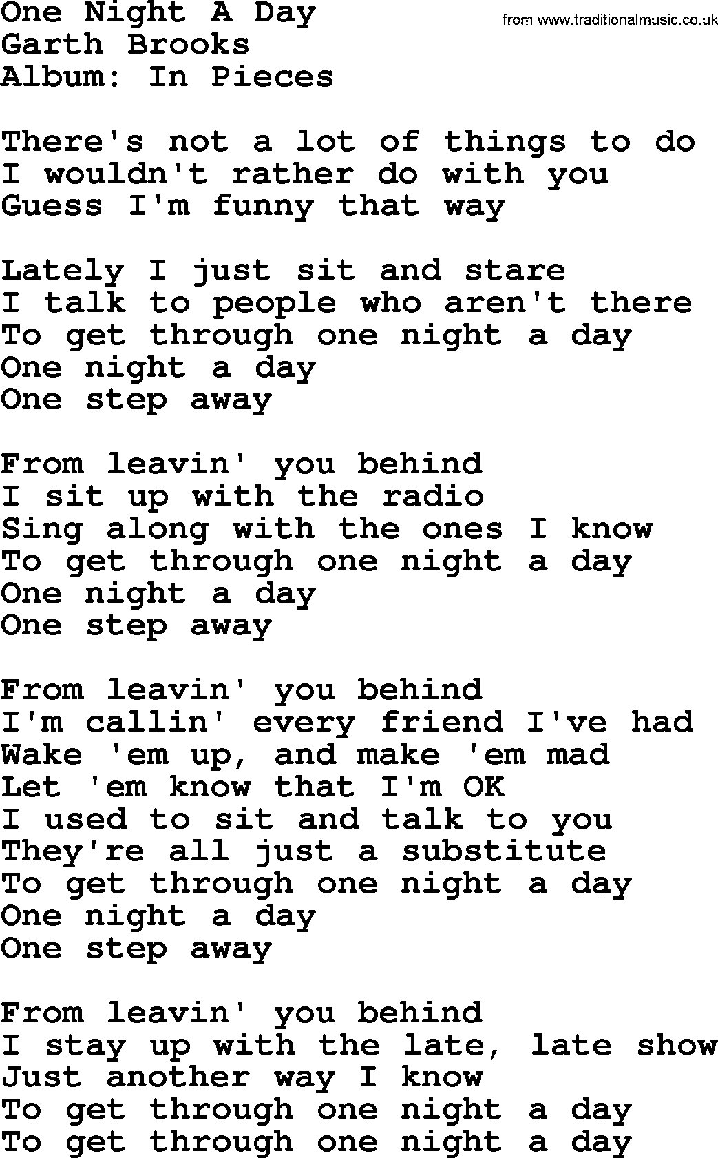 Garth Brooks song: One Night A Day, lyrics