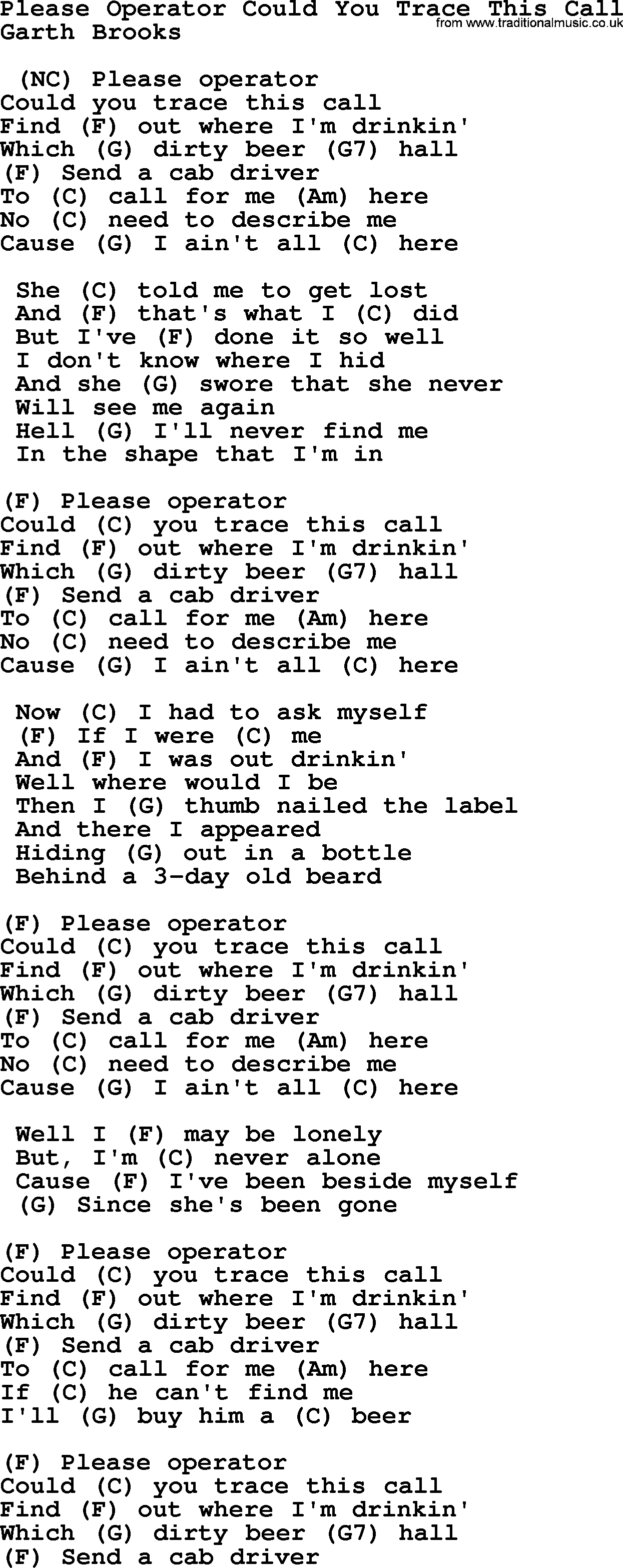 Garth Brooks song: Please Operator Could You Trace This Call, lyrics and chords