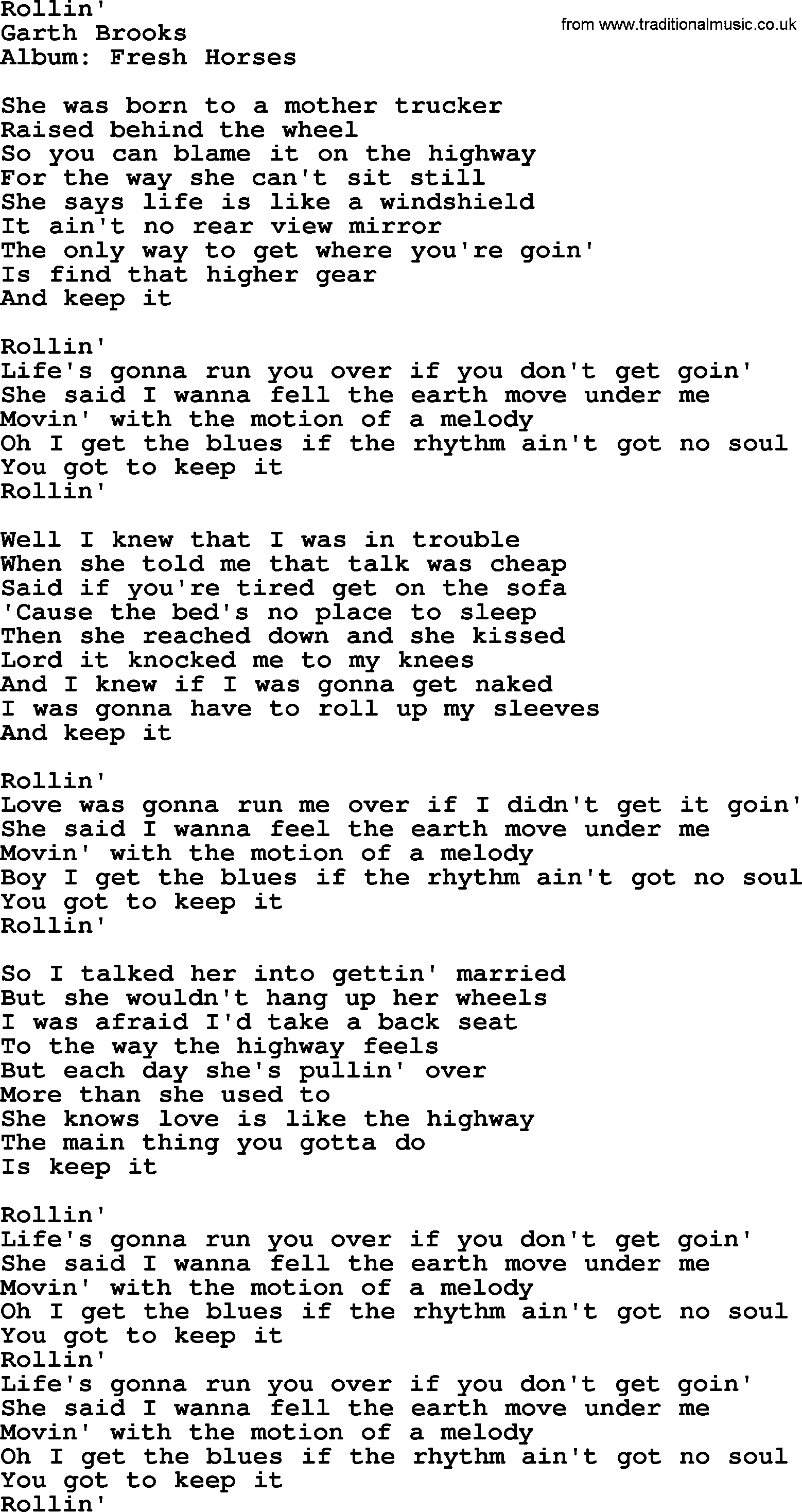 Garth Brooks song: Rollin', lyrics