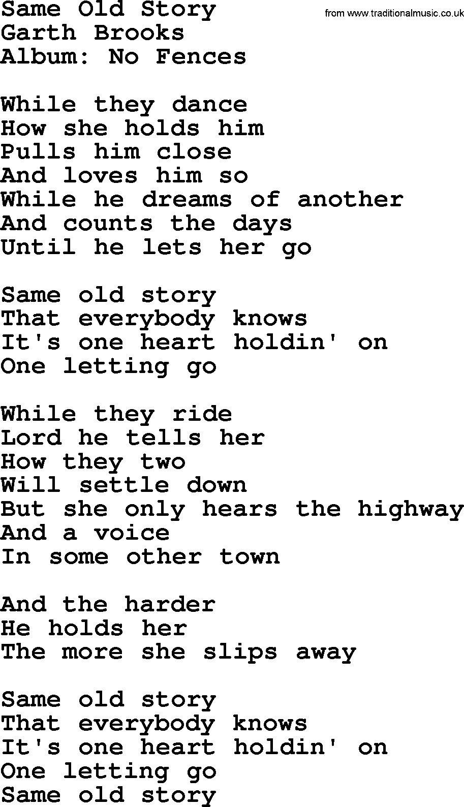 Garth Brooks song: Same Old Story, lyrics