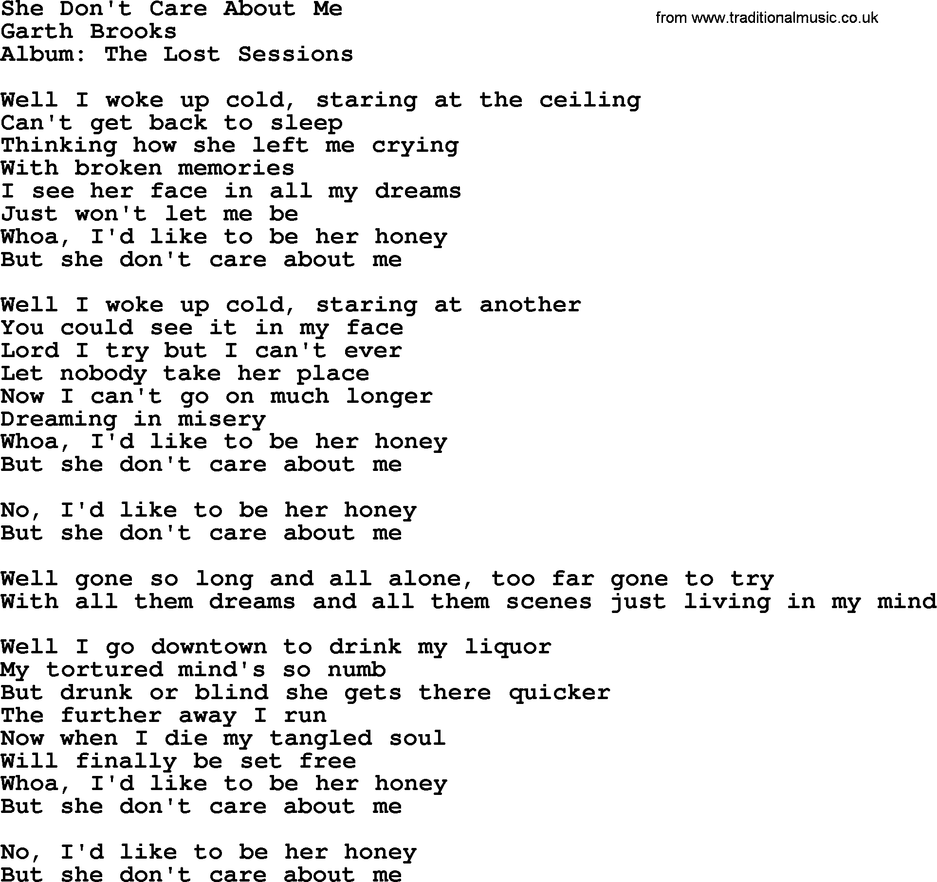Garth Brooks song: She Don't Care About Me, lyrics