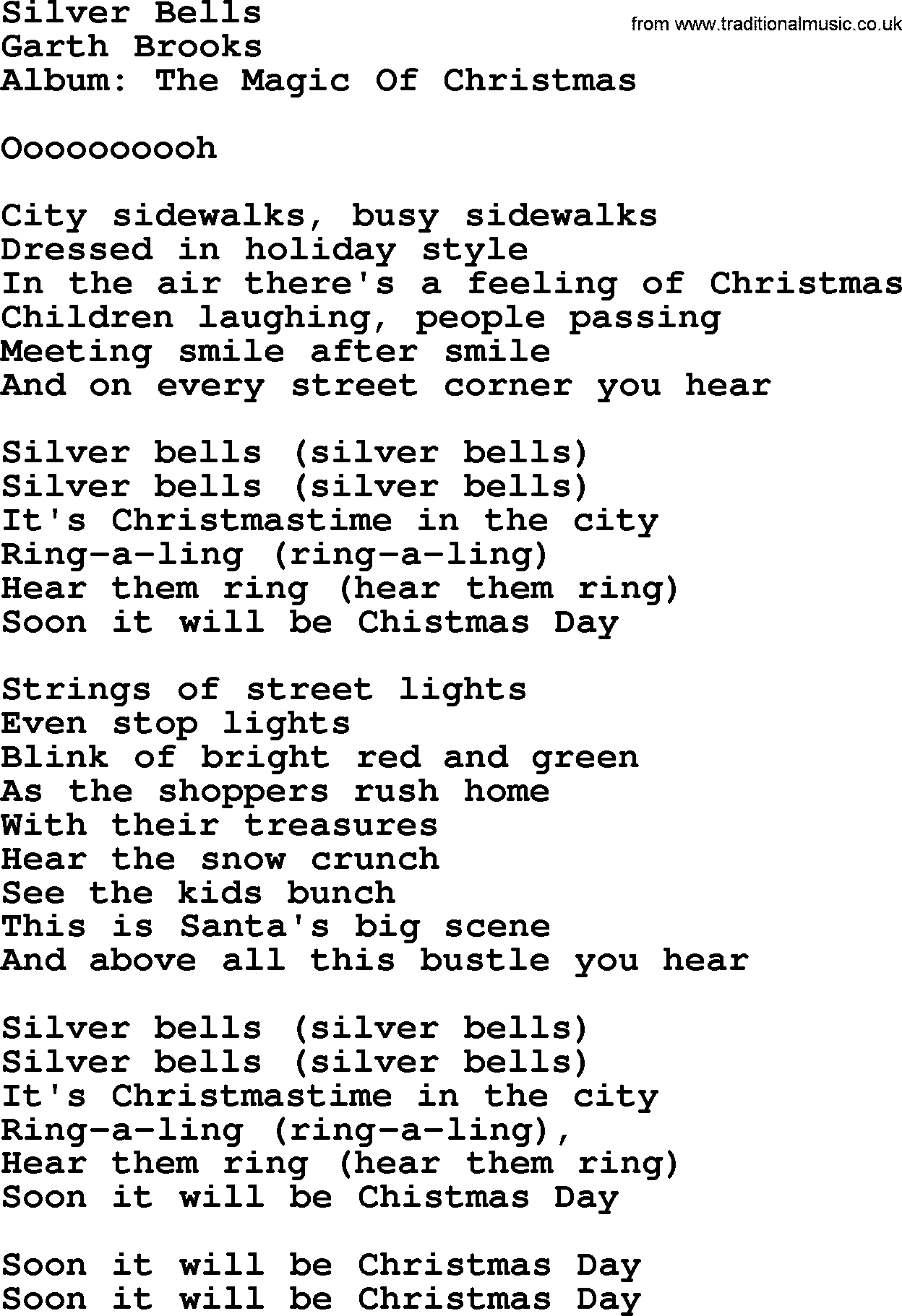Garth Brooks song: Silver Bells, lyrics