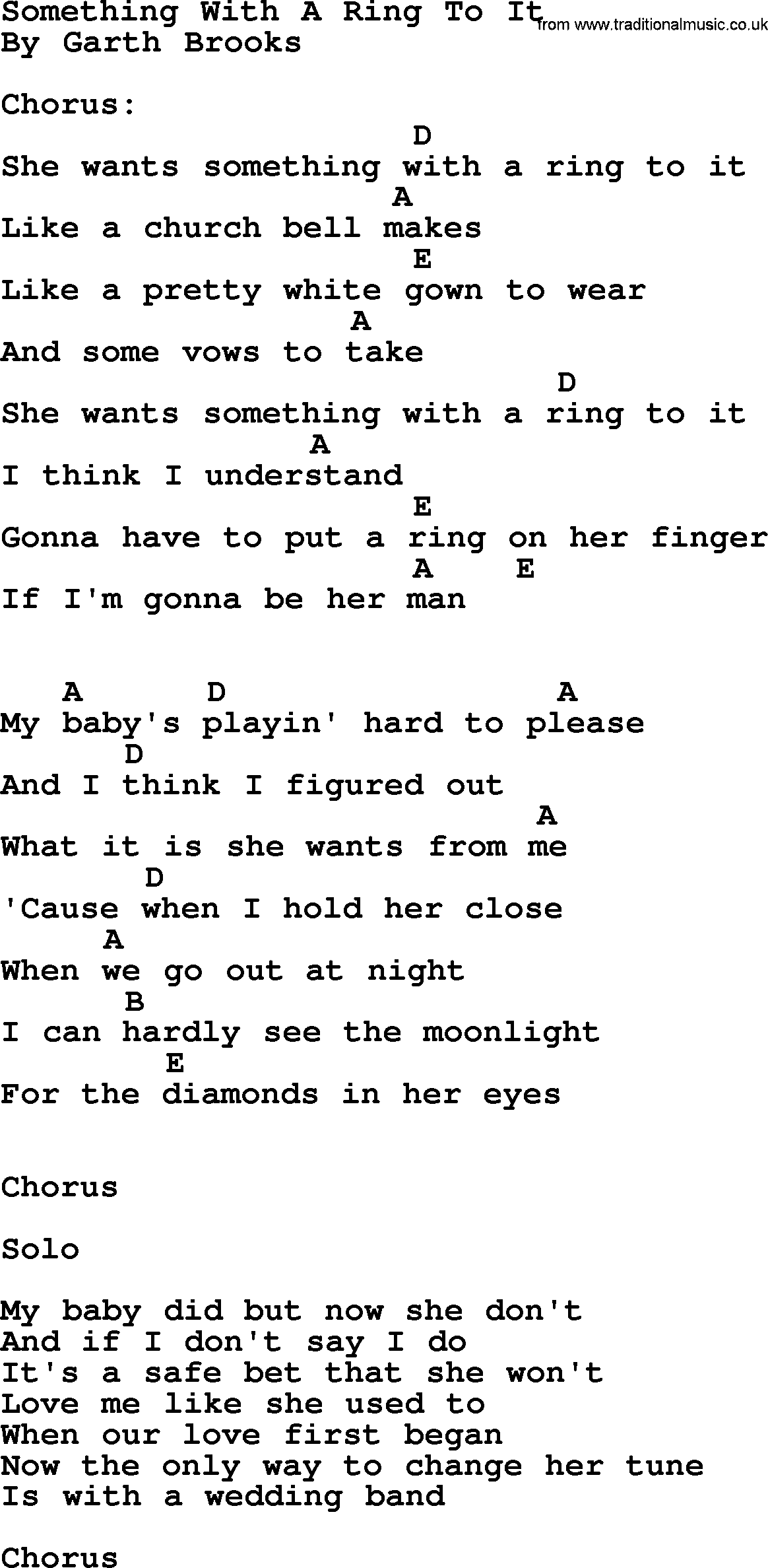 Garth Brooks song: Something With A Ring To It, lyrics and chords