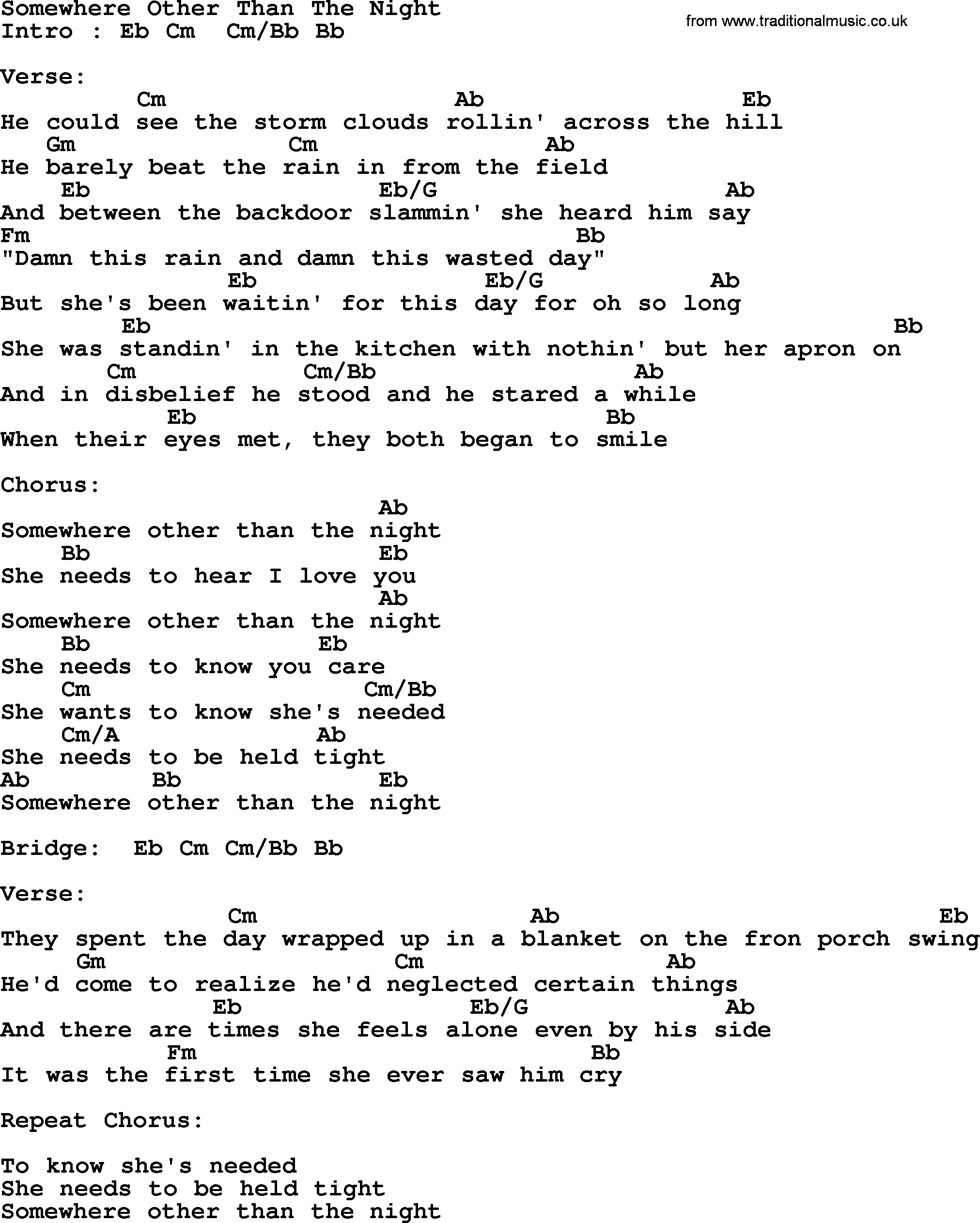 Garth Brooks song: Somewhere Other Than The Night, lyrics and chords
