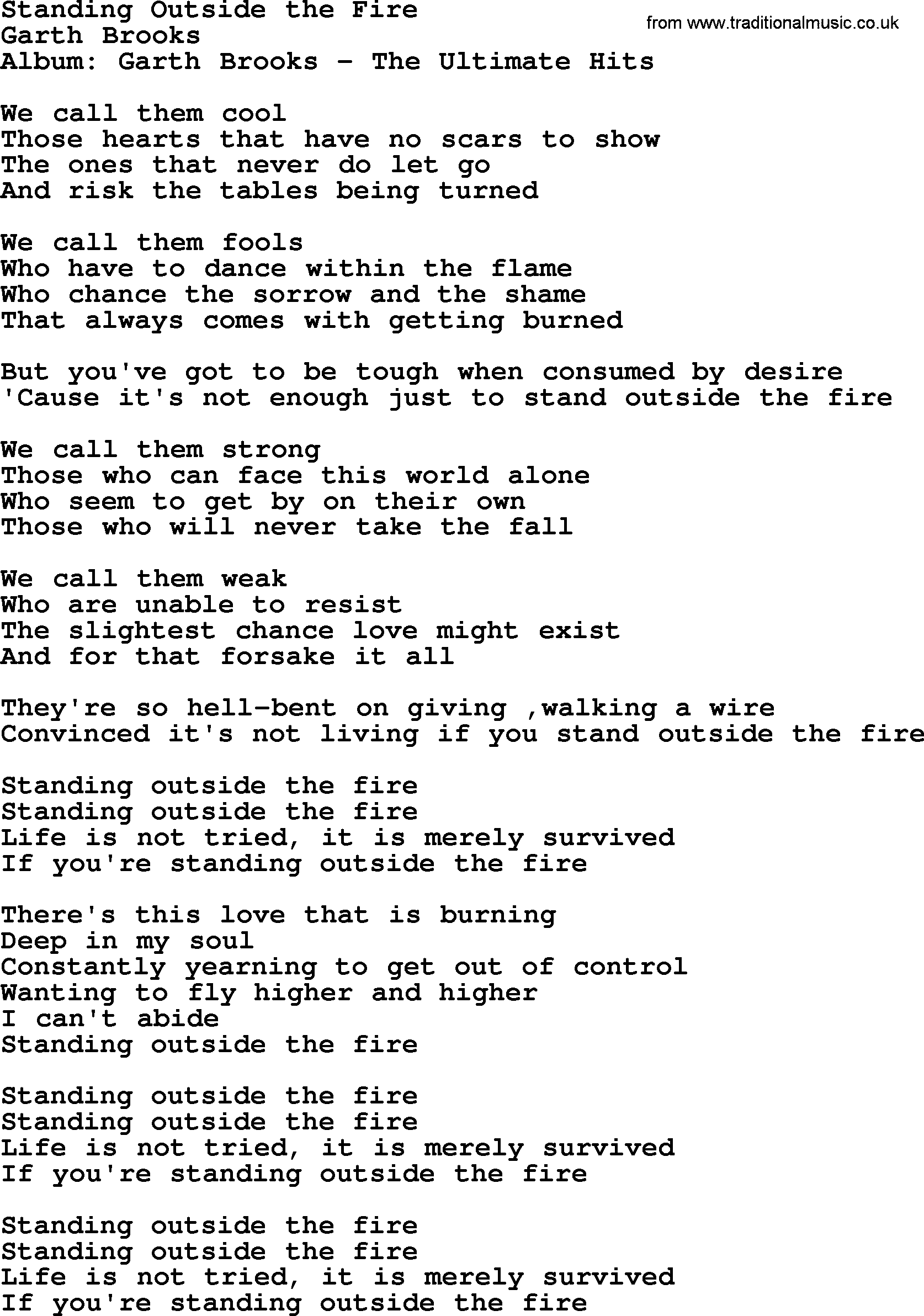 Garth Brooks song: Standing Outside The Fire, lyrics
