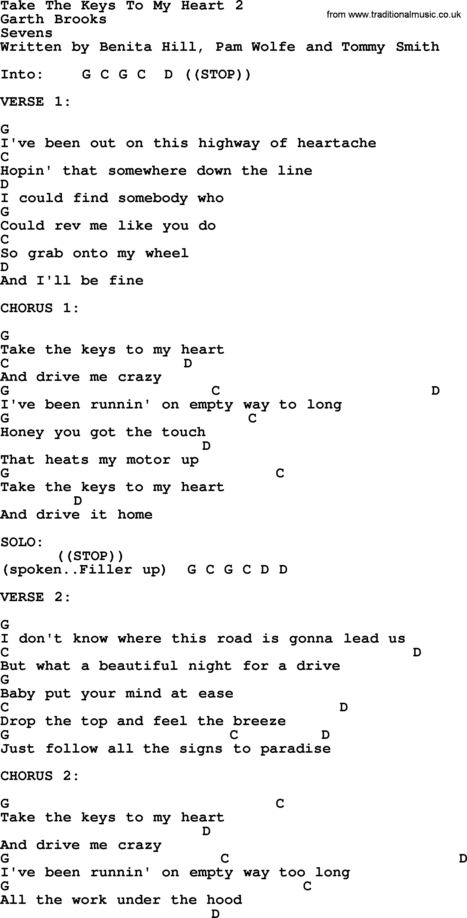 Garth Brooks song: Take The Keys To My Heart 2, lyrics and chords