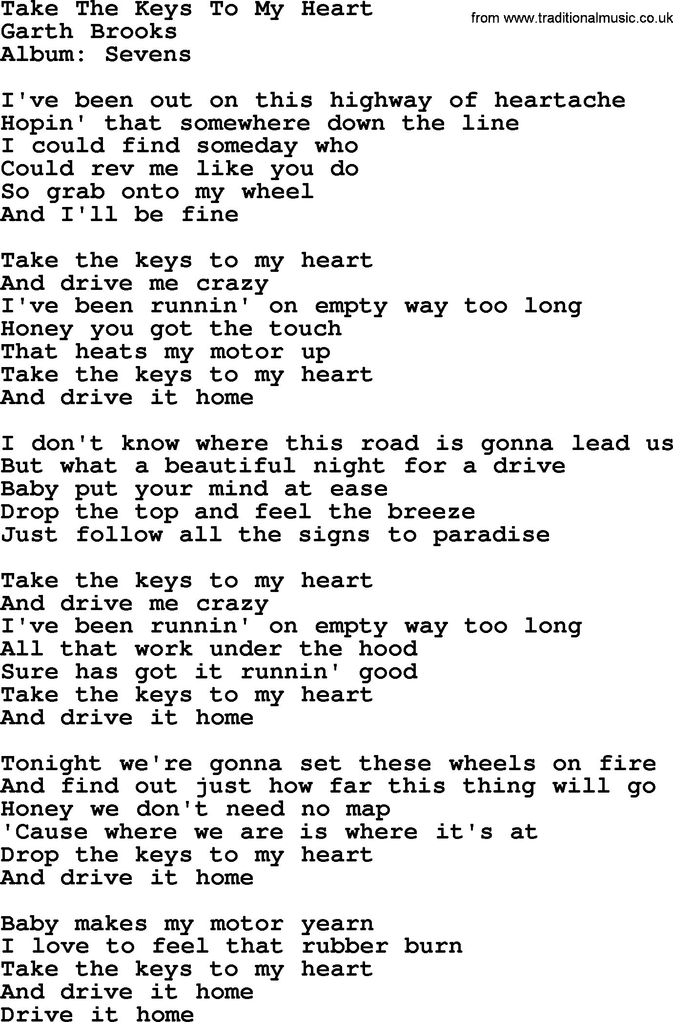 Garth Brooks song: Take The Keys To My Heart, lyrics