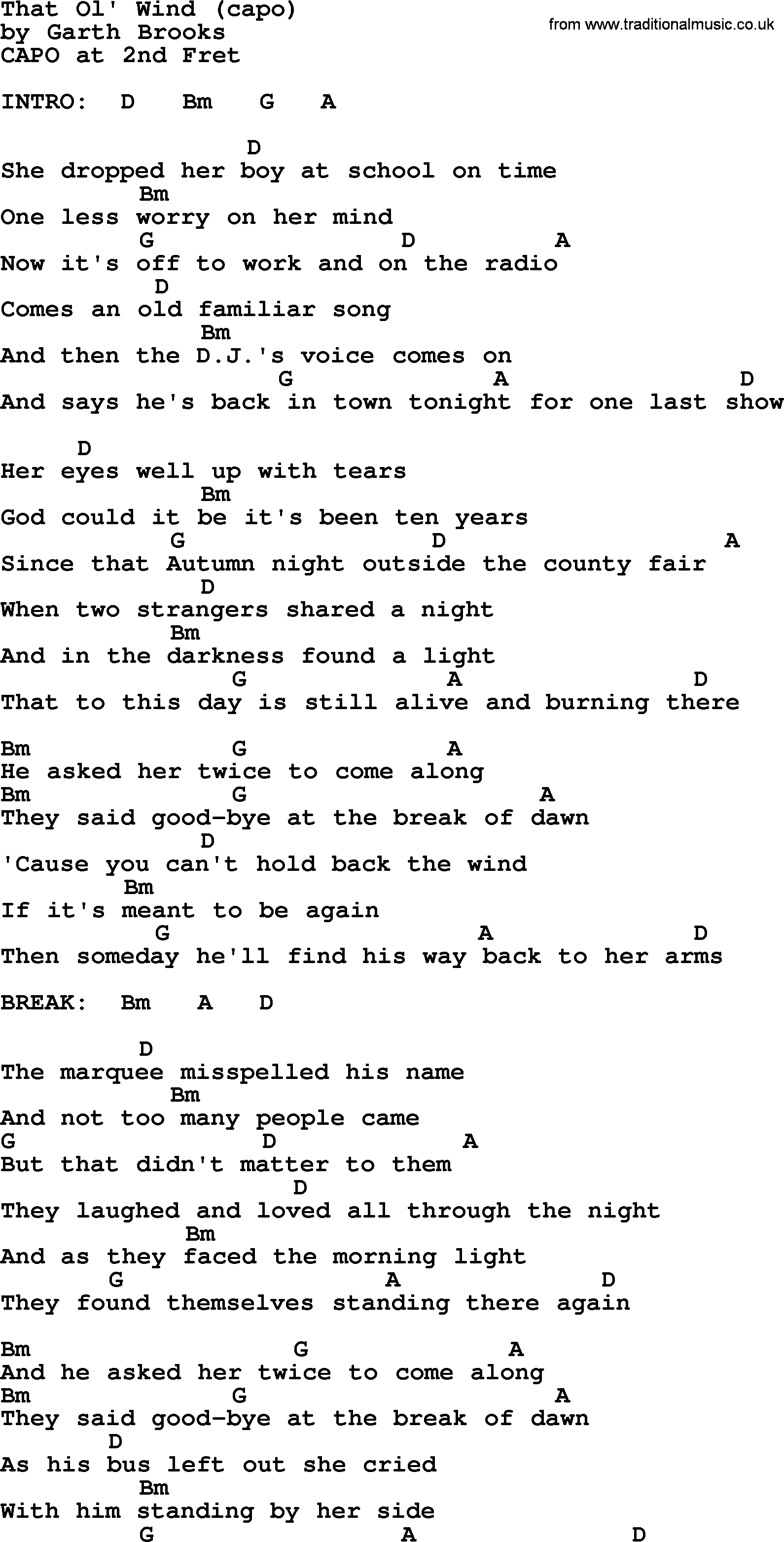 Garth Brooks song: That Ol' Wind (capo), lyrics and chords