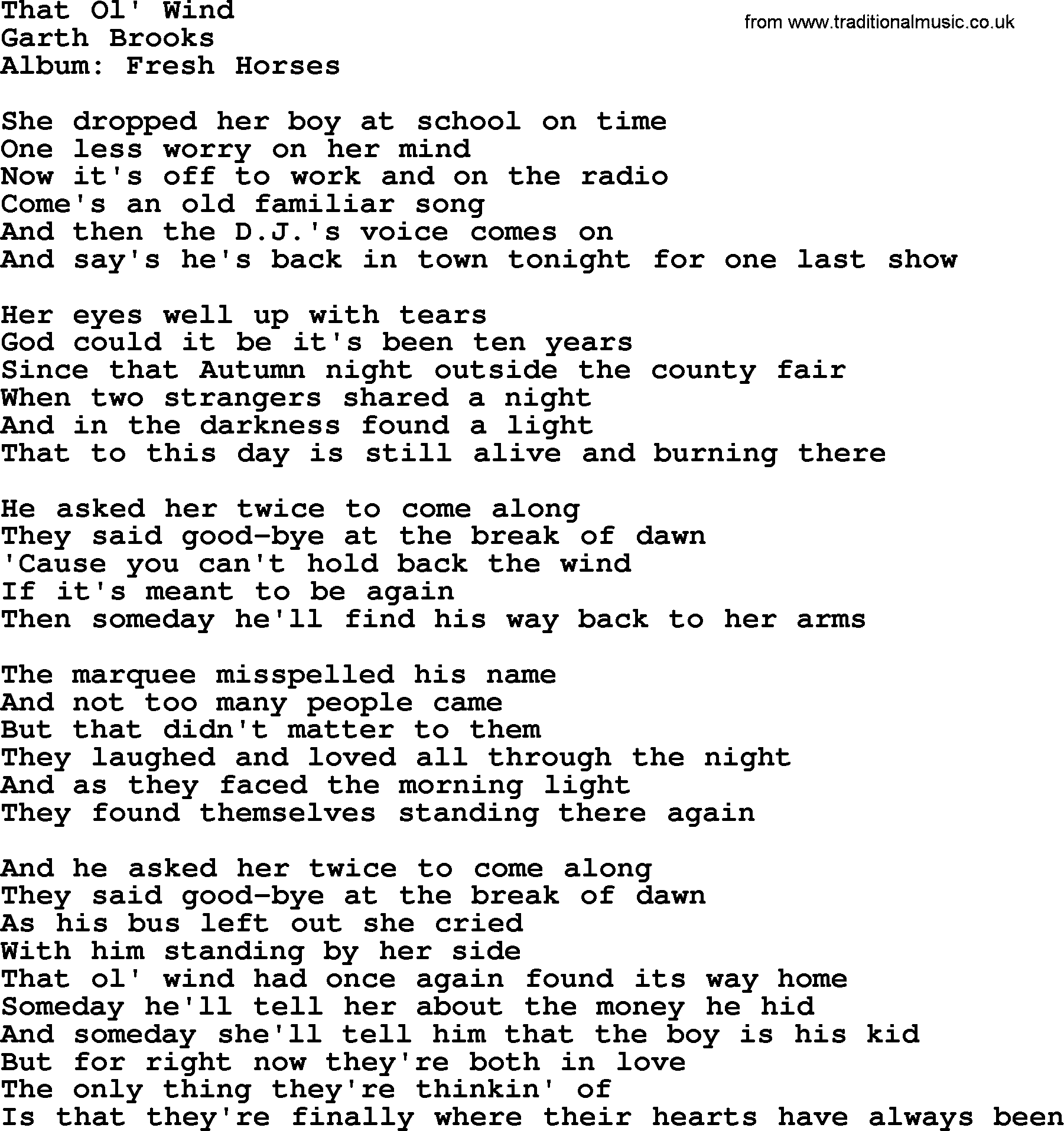 Garth Brooks song: That Ol' Wind, lyrics