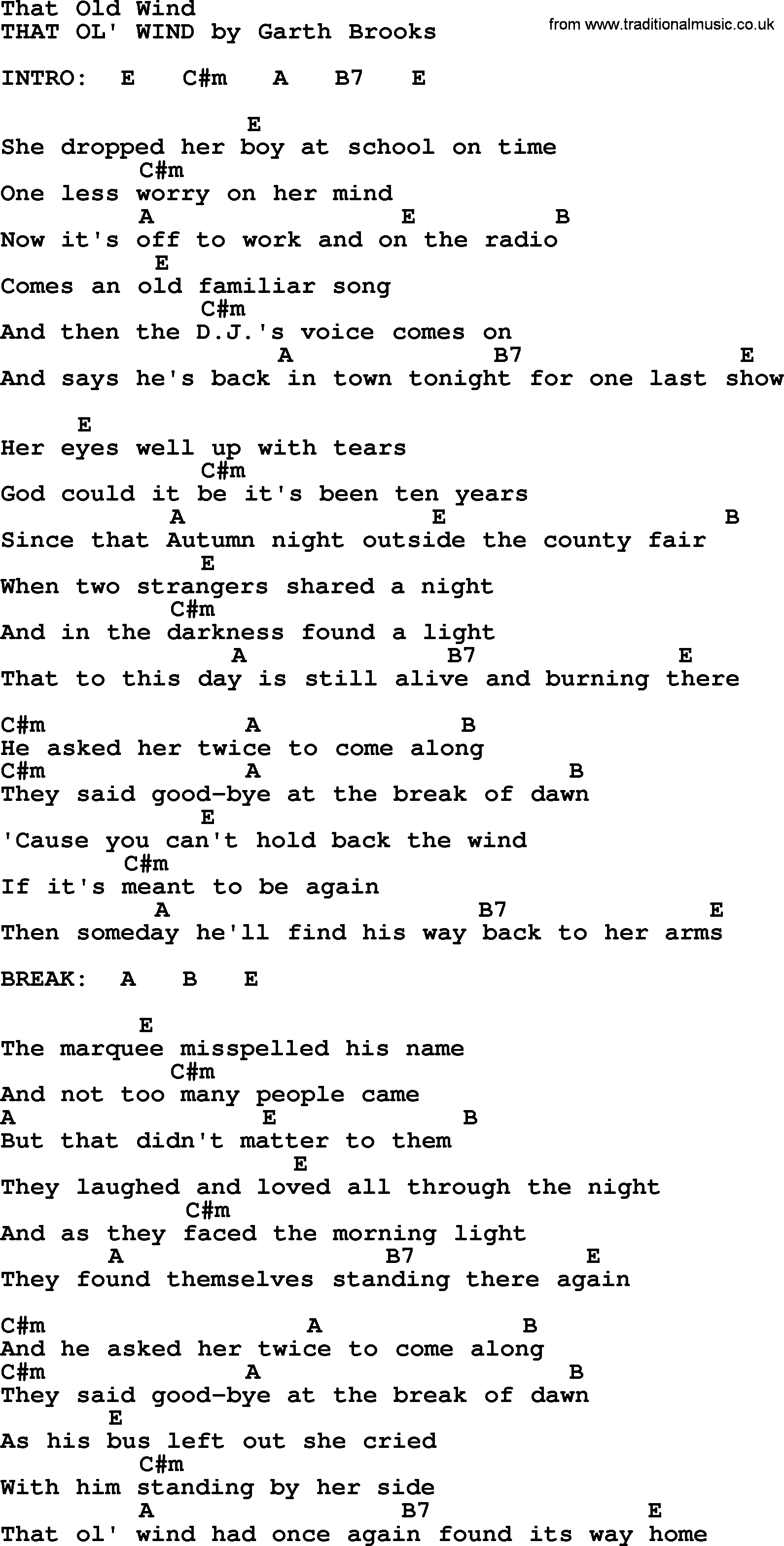 Garth Brooks song: That Old Wind, lyrics and chords