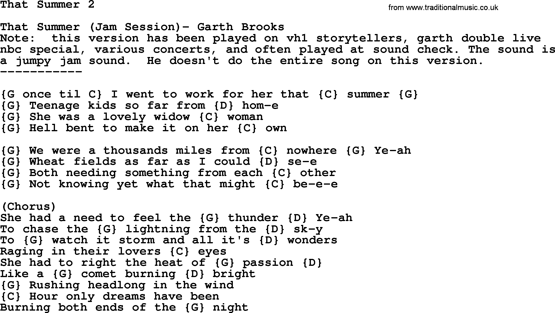 Garth Brooks song: That Summer 2, lyrics and chords