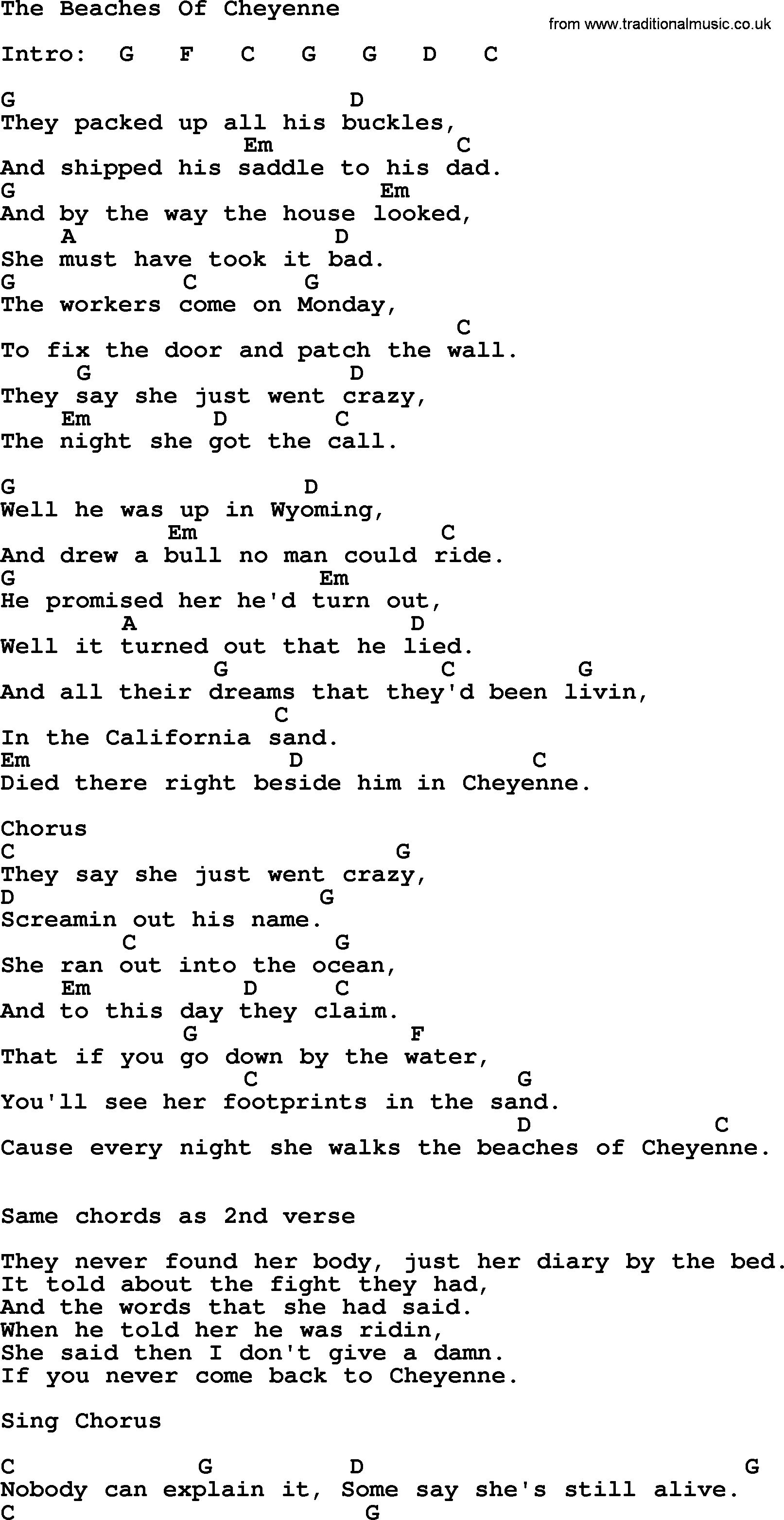 Garth Brooks song: The Beaches Of Cheyenne, lyrics and chords