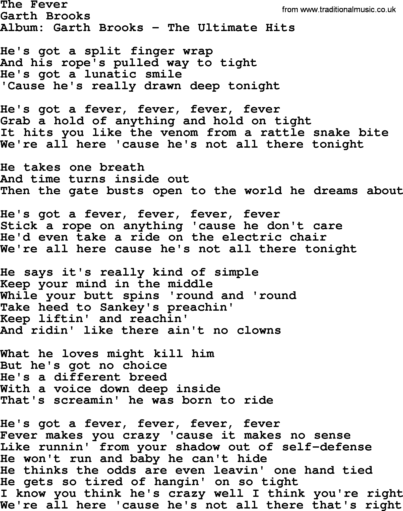 Garth Brooks song: The Fever, lyrics
