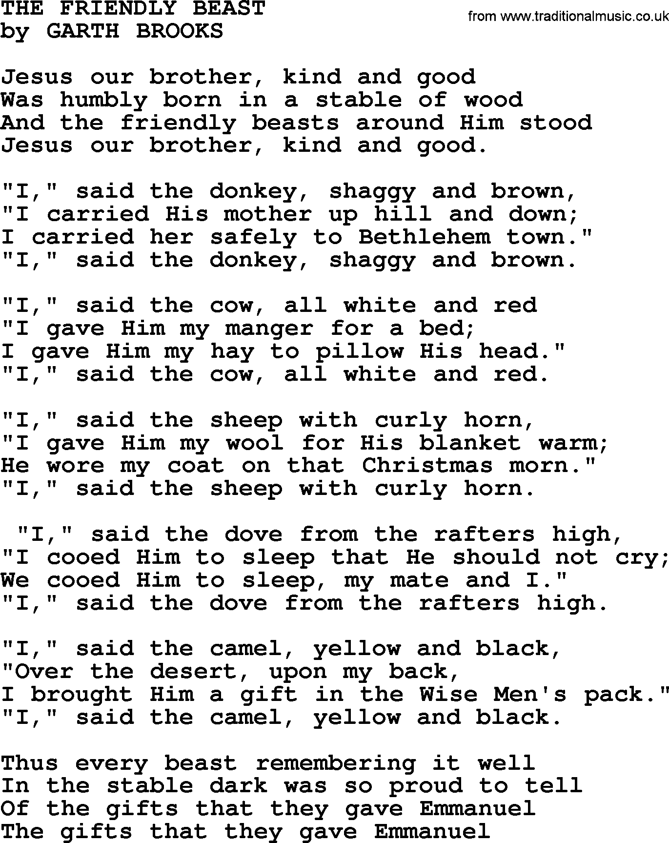 Garth Brooks song: The Friendly Beast, lyrics
