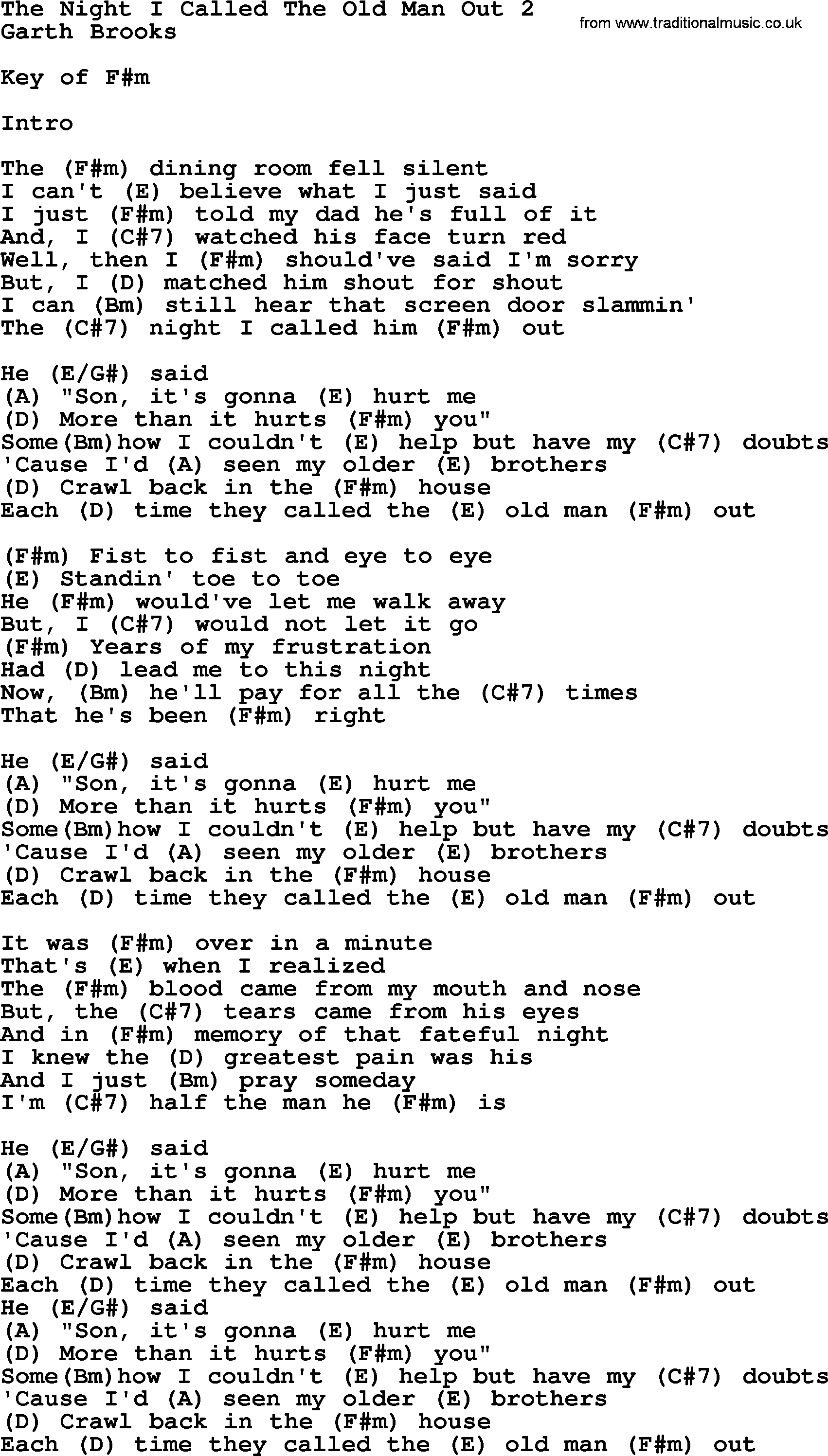 Garth Brooks song: The Night I Called The Old Man Out 2, lyrics and chords