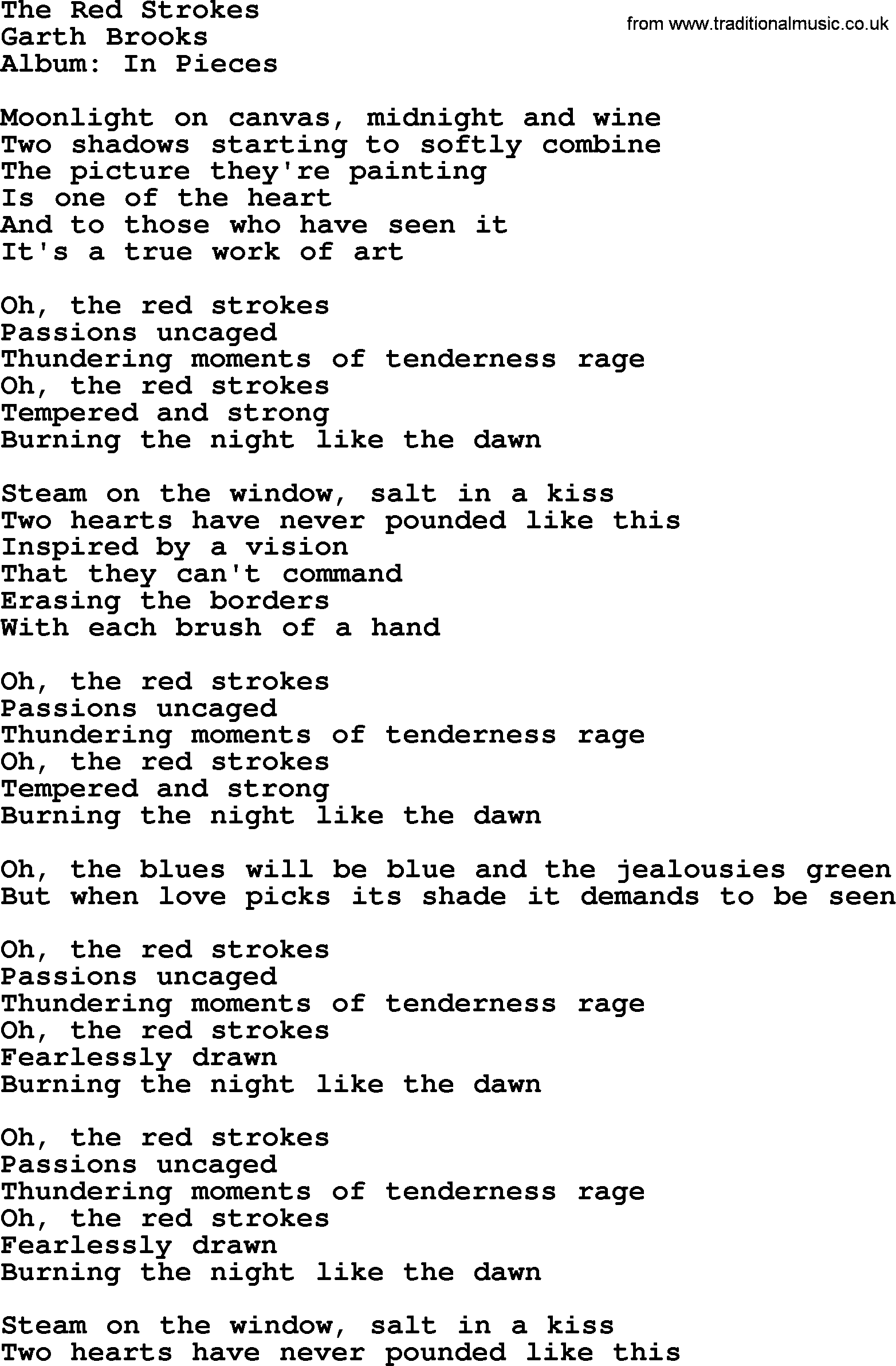 Garth Brooks song: The Red Strokes, lyrics