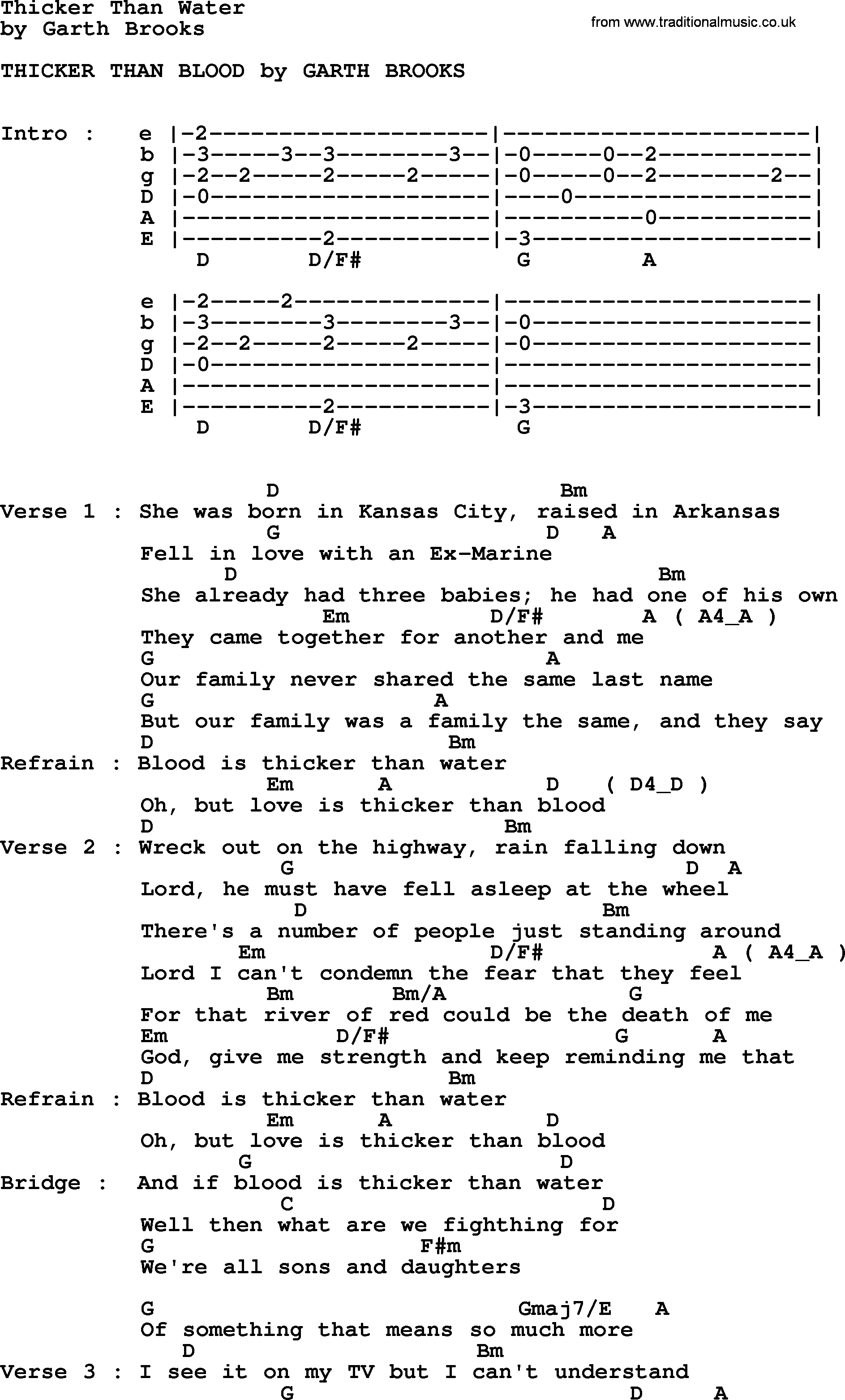 Garth Brooks song: Thicker Than Water, lyrics and chords